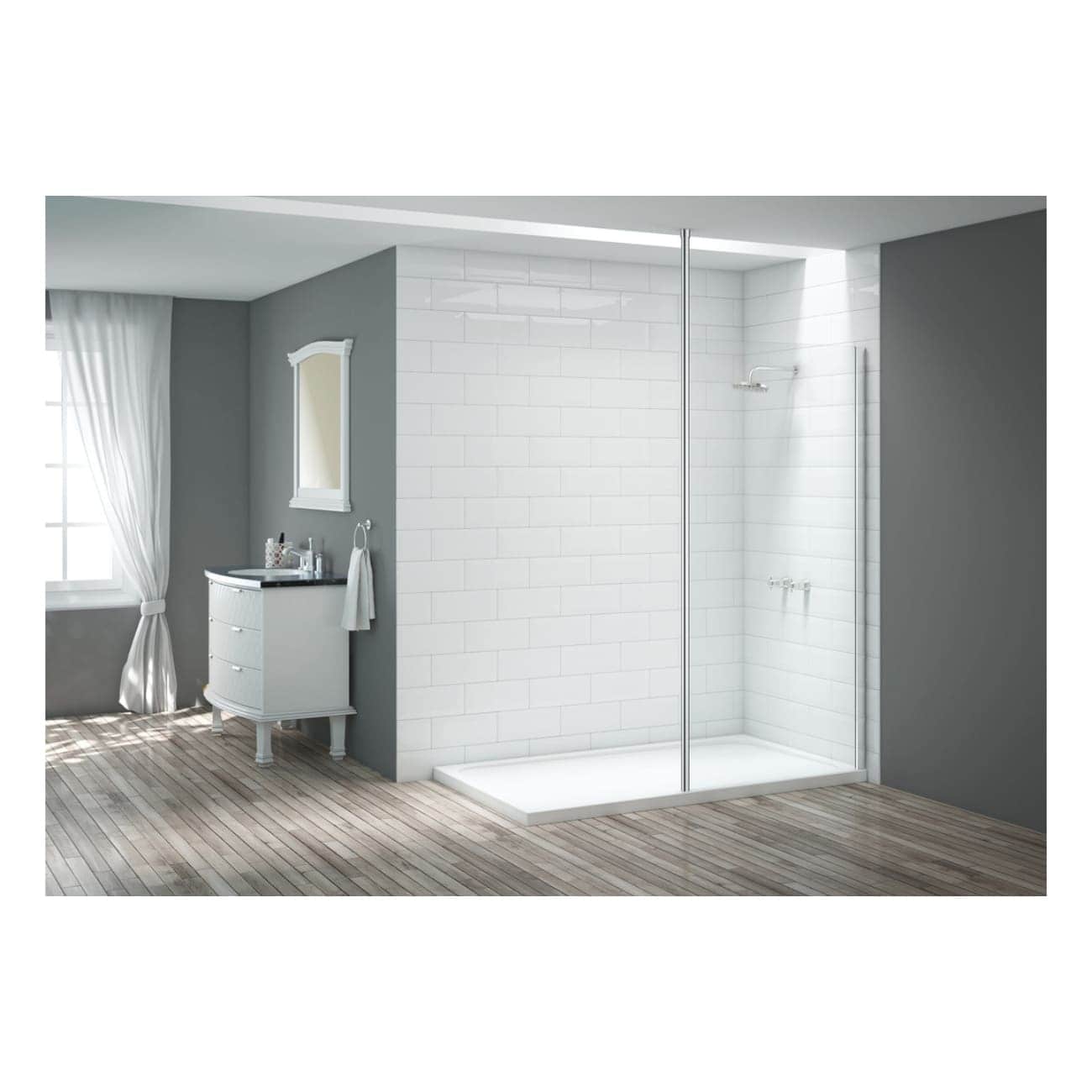 Modern walk-in shower with white subway tiles, glass door, and rainfall showerhead in contemporary grey bathroom with wooden flooring.