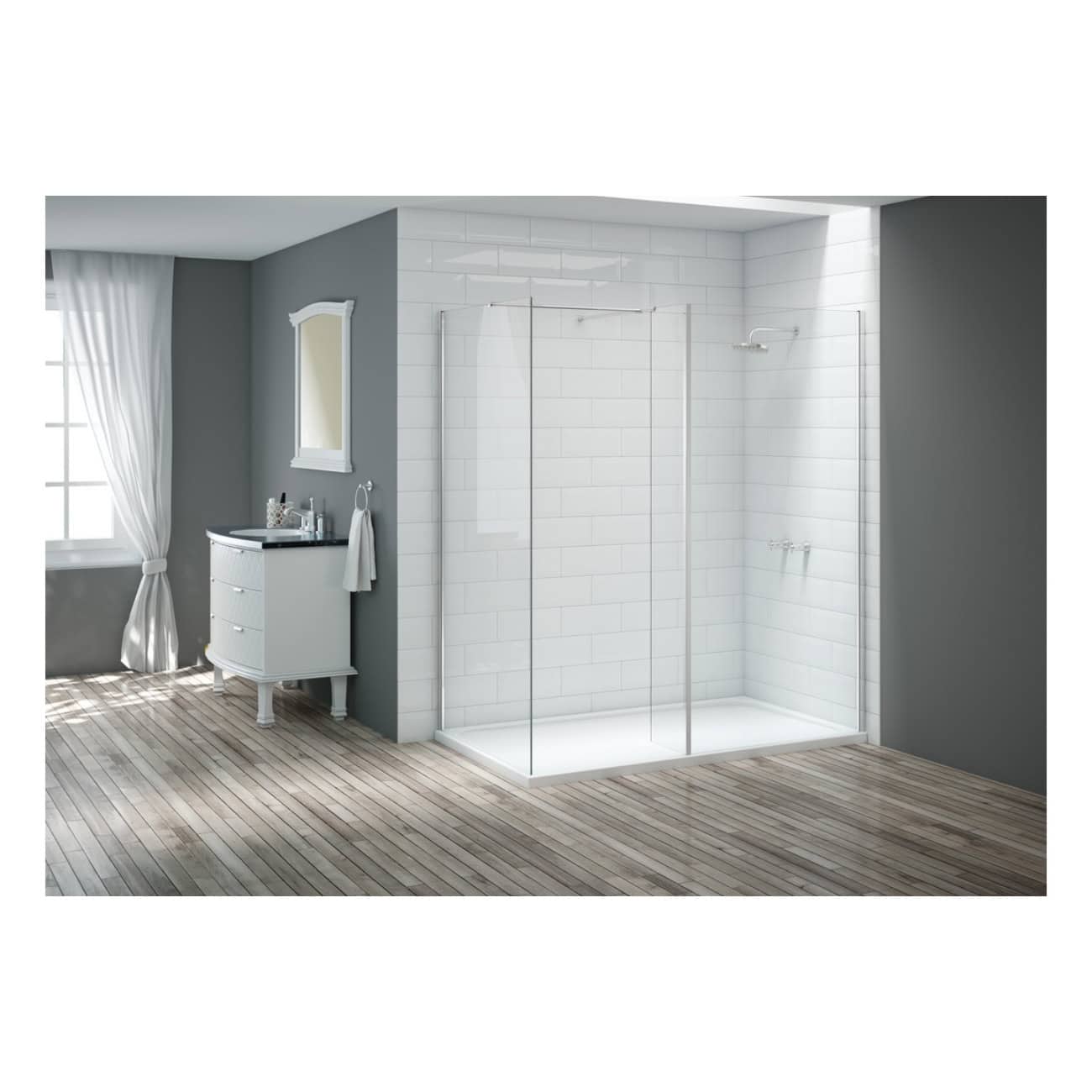 Modern walk-in shower with clear glass panels and white subway tiles, stylish bathroom with grey walls, white vanity unit, and wooden flooring, perfect for contemporary bathroom designs.