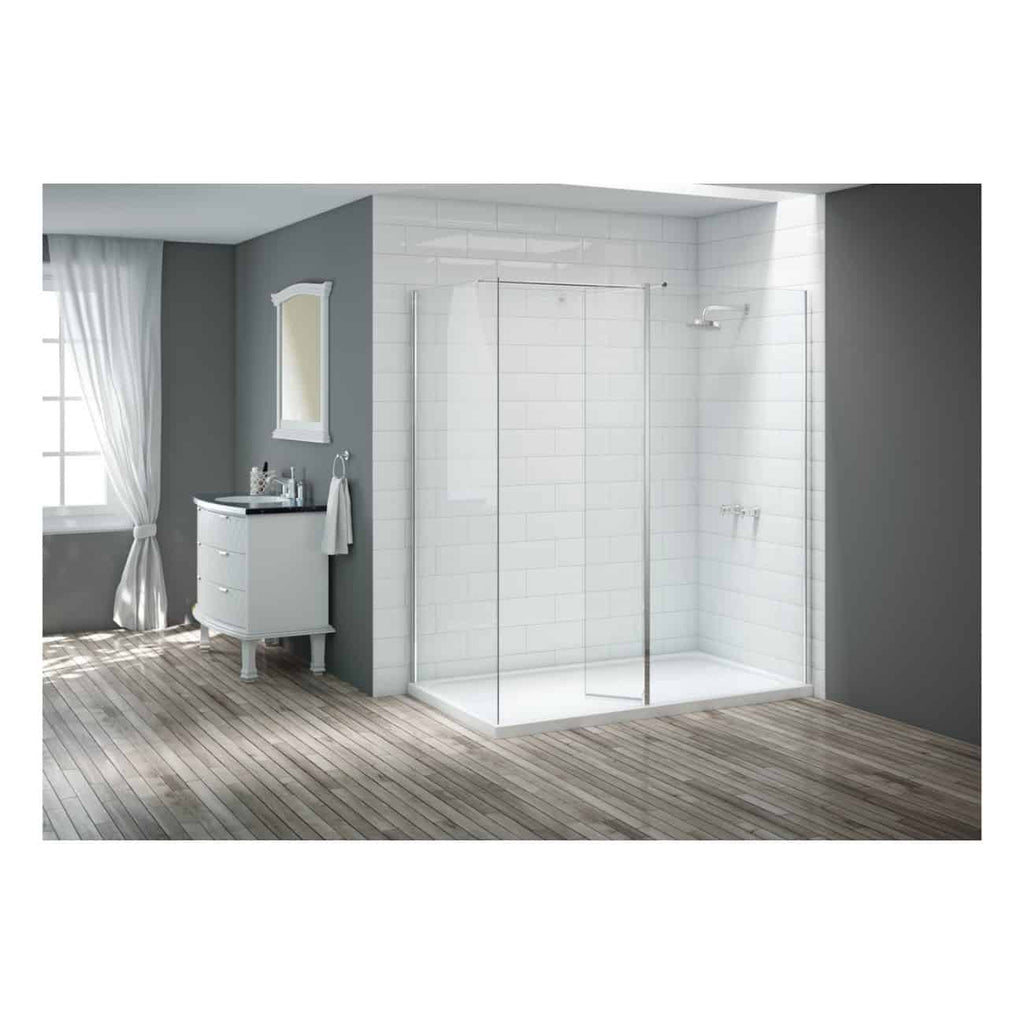 Modern walk-in shower with glass enclosure in contemporary bathroom setting. Featuring white tiled walls, a grey painted accent wall, and wooden flooring, creating a stylish and functional shower area.