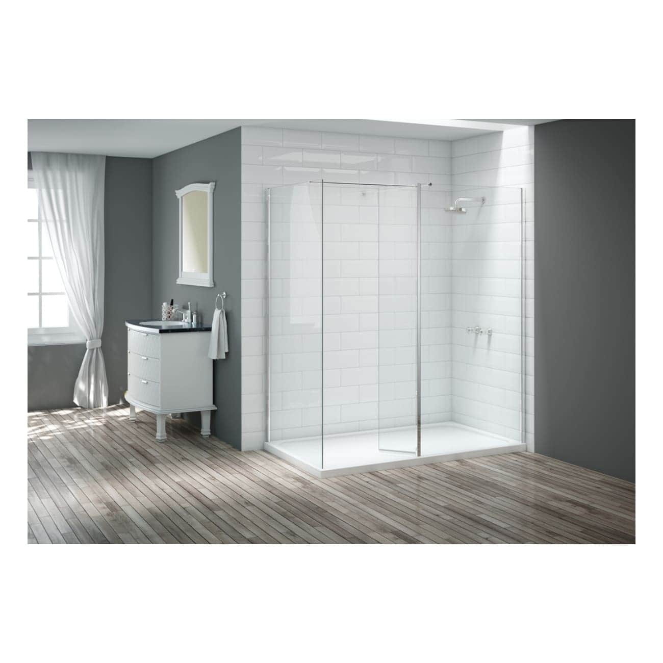 Shower enclosure with clear glass doors and white subway tiles in a modern bathroom setting with grey walls and wooden flooring.