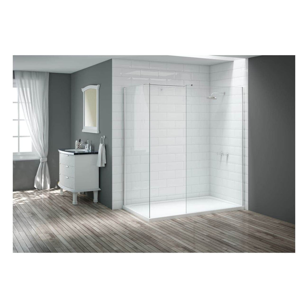 Sleek walk-in shower with clear glass enclosure and white subway tiles, modern bathroom design, grey accent wall, wooden flooring, minimalist style, perfect for contemporary bathrooms.
