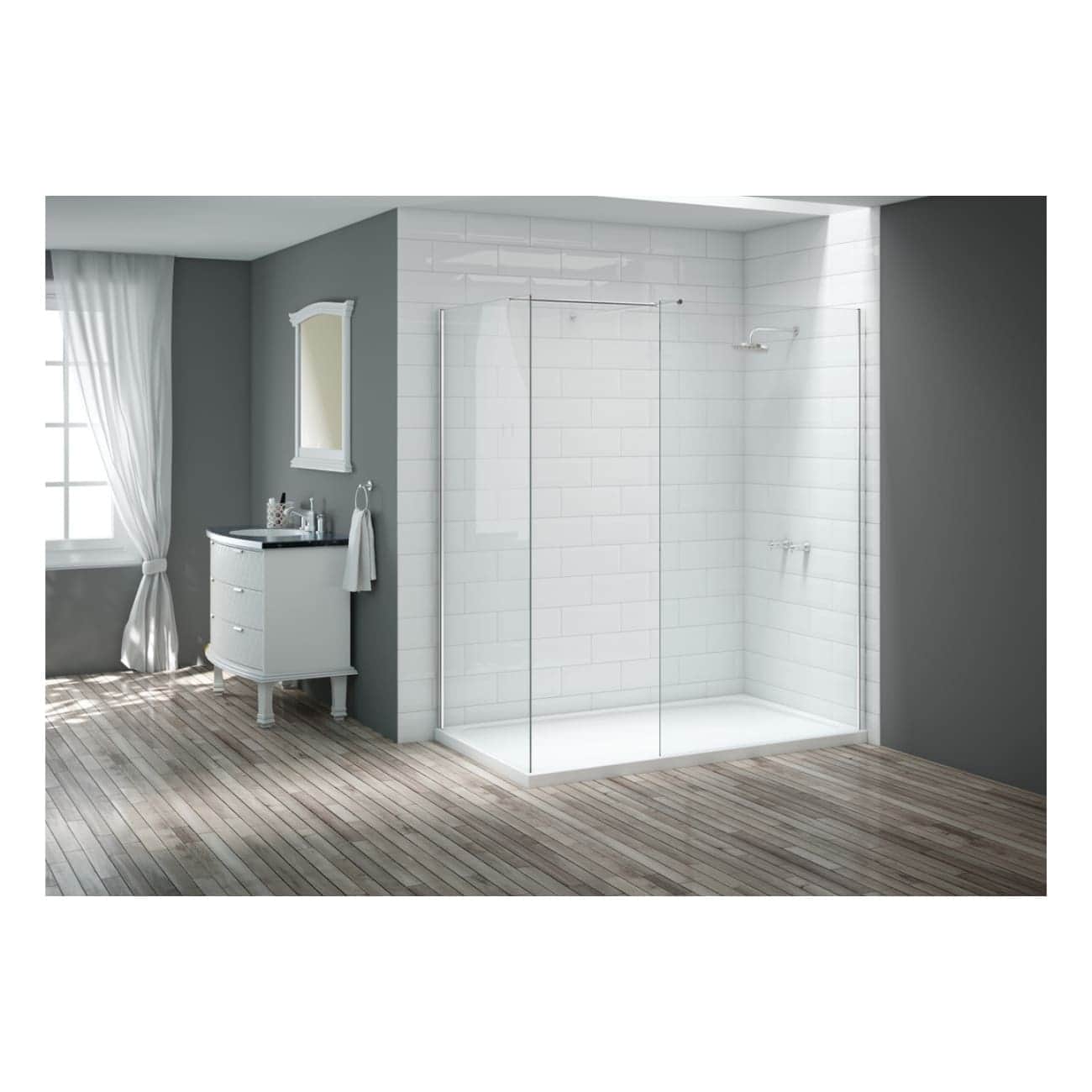 Sleek walk-in shower with clear glass enclosure and white subway tiles, modern bathroom design, grey accent wall, wooden flooring, minimalist style, perfect for contemporary bathrooms.
