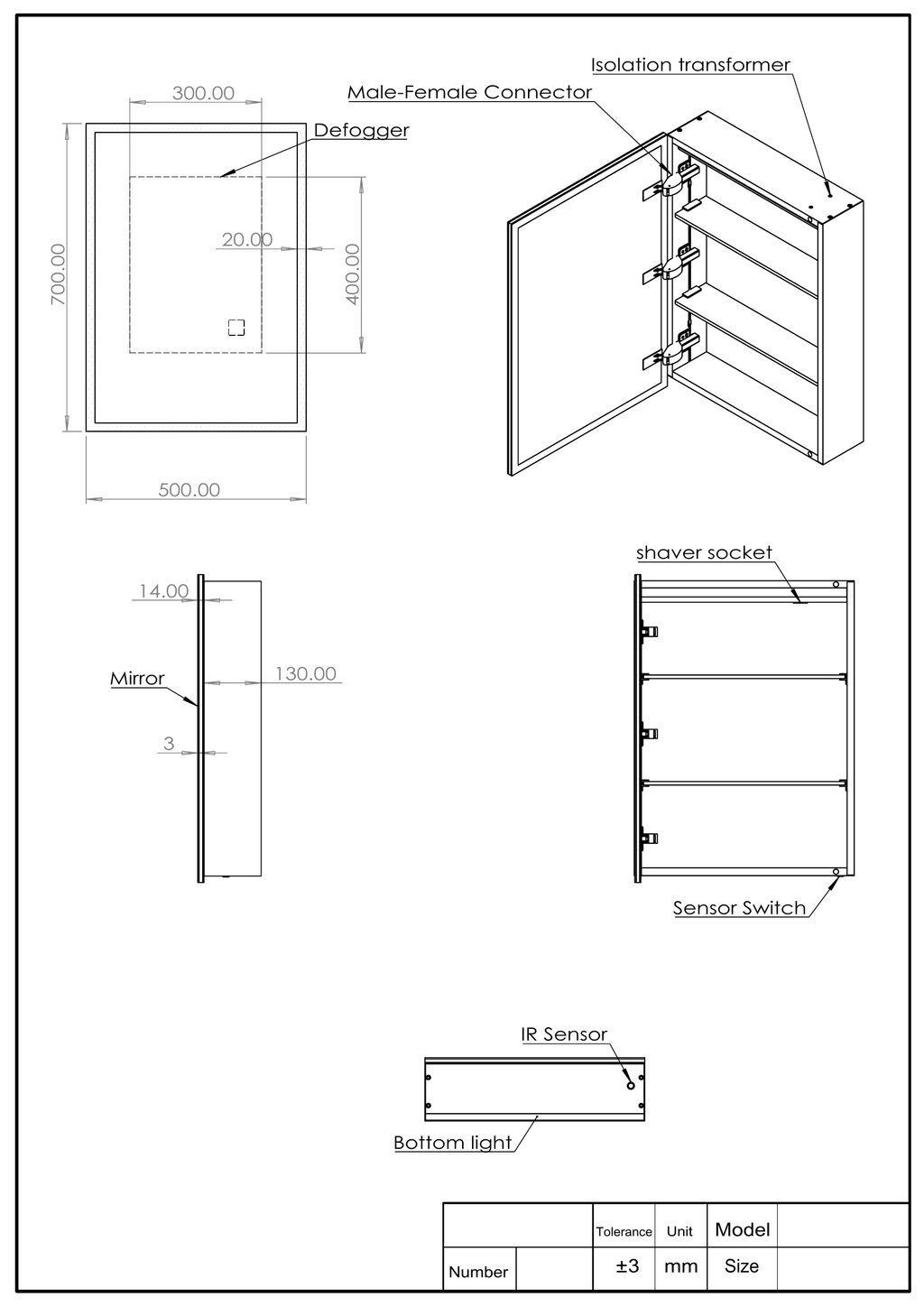 Scudo Mia Single Door Mirror Cabinet - 500mm X 700mm - technical drawing with dimensions