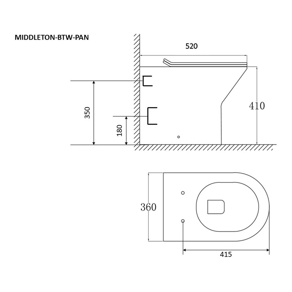 Scudo Middleton Rimless Back TO Wall Toilet With  Slim Close Seat - White - technical drawing with dimensions