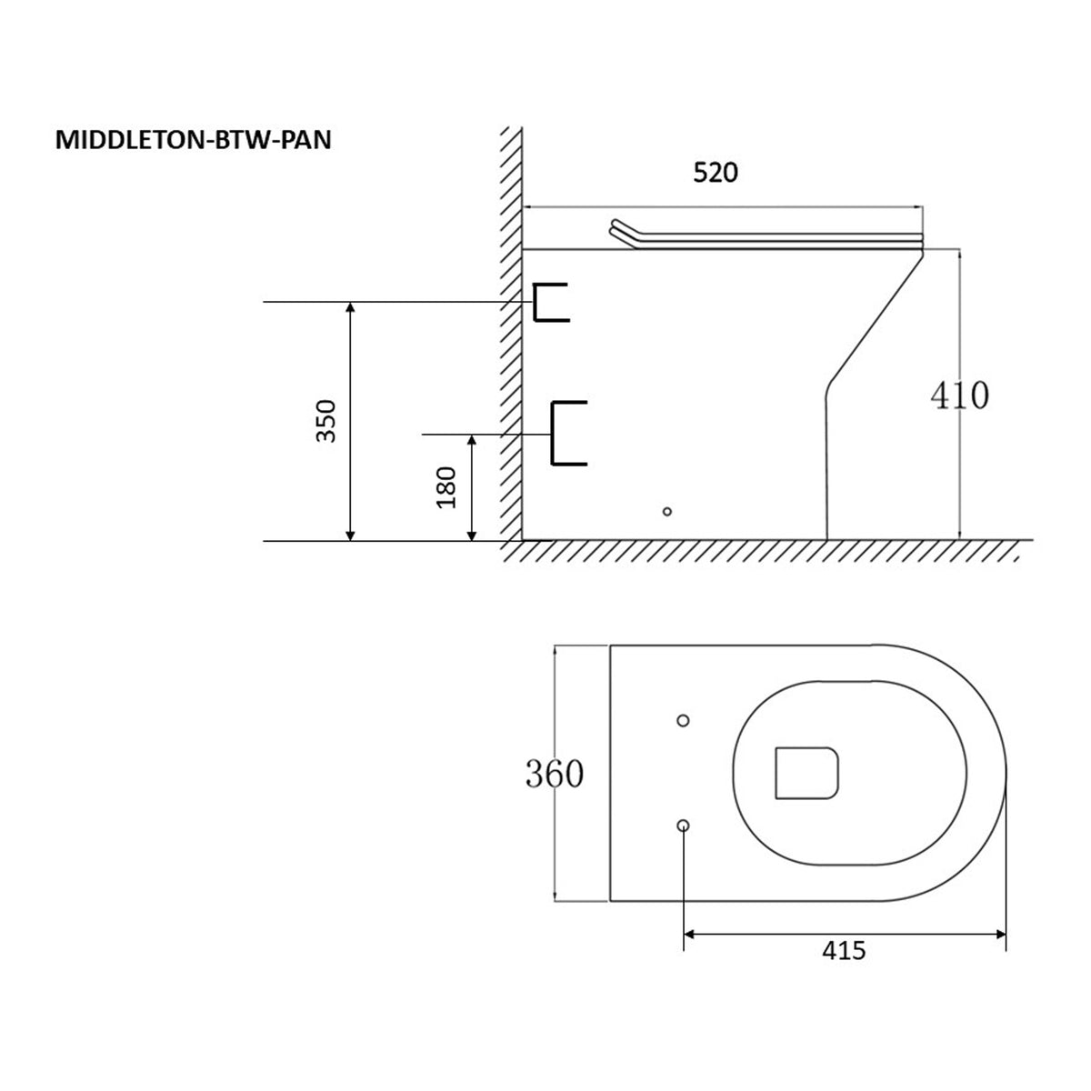 Scudo Middleton Rimless Back TO Wall Toilet With  Slim Close Seat - White - technical drawing with dimensions