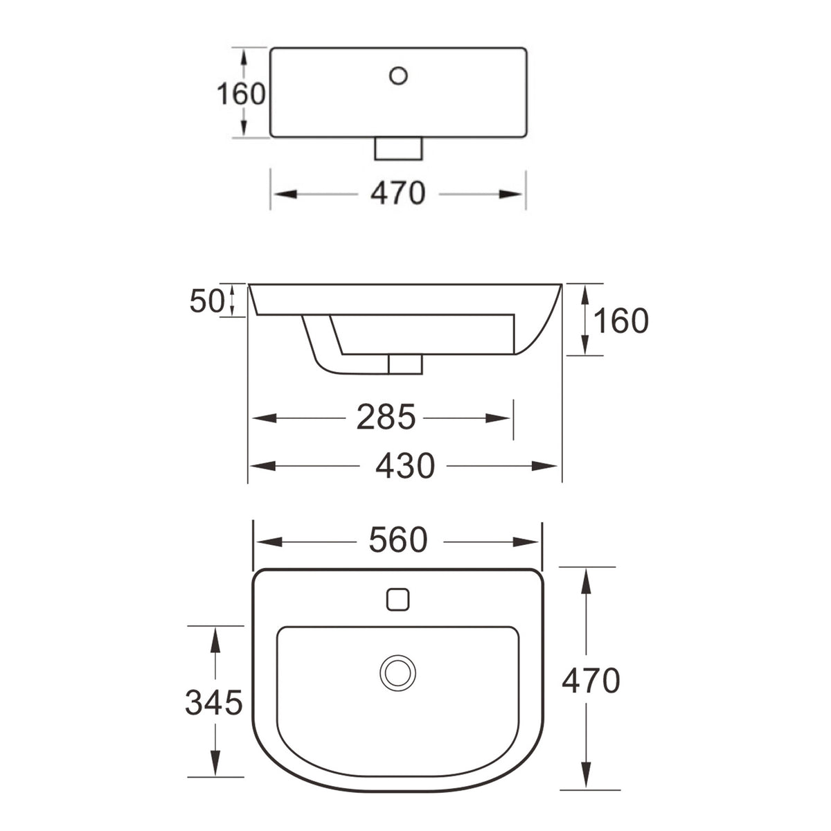 Scudo Middleton Semi Recessed Basin - - technical drawing with dimensions