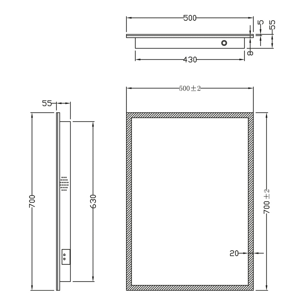 Scudo Mosca Led Mirror With Demister Pad And Shaver Socket And Bluetooth - 500mm X 700mm - technical drawing with dimensions