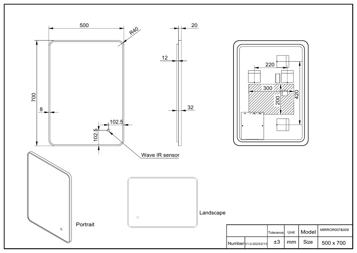 Scudo Alfie Brushed Brass Soft Edge Led Mirror - technical drawing with dimensions