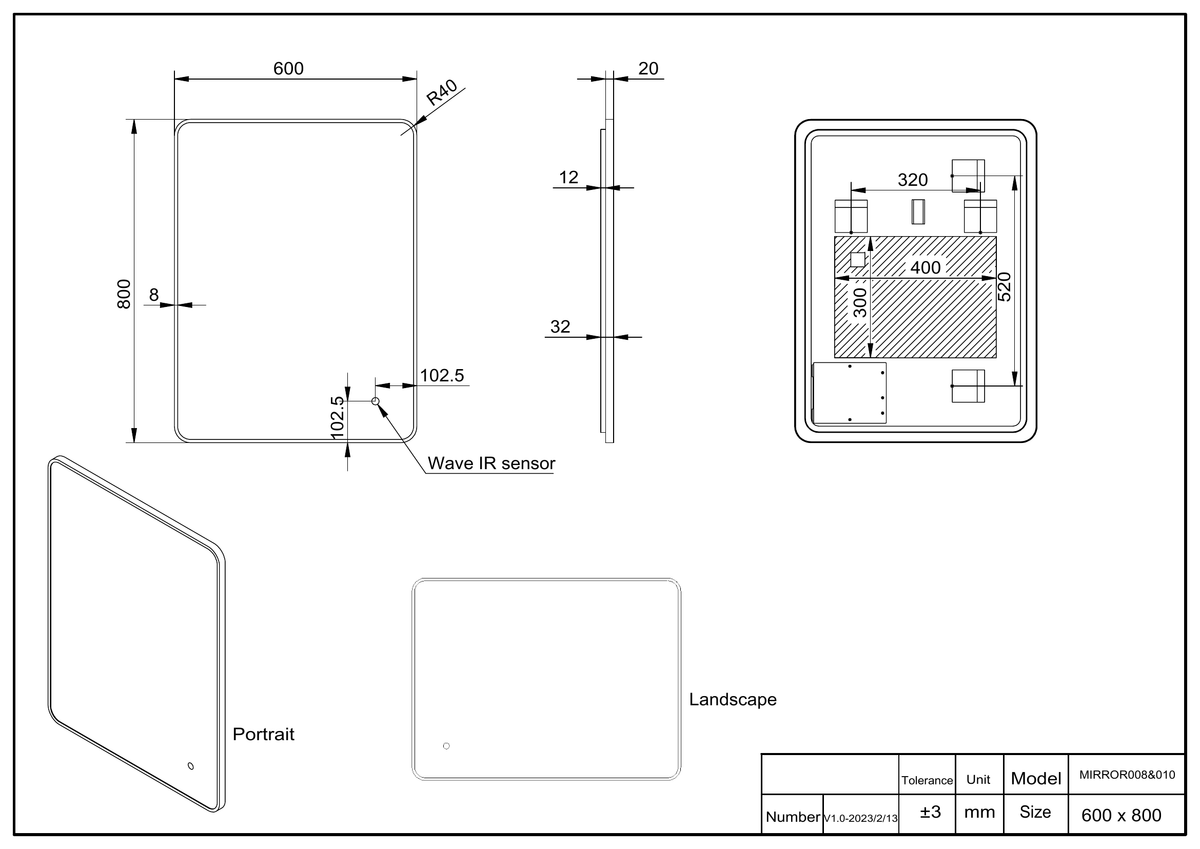 Scudo Alfie Brushed Brass Soft Edge Led Mirror - technical drawing with dimensions