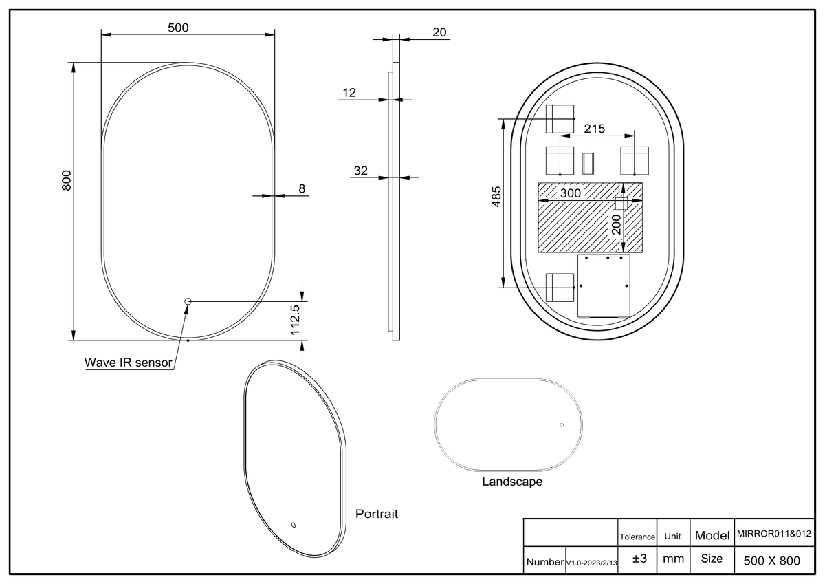 Scudo Aubrey 800mm x 500mm Led Mirror - technical drawing with dimensions