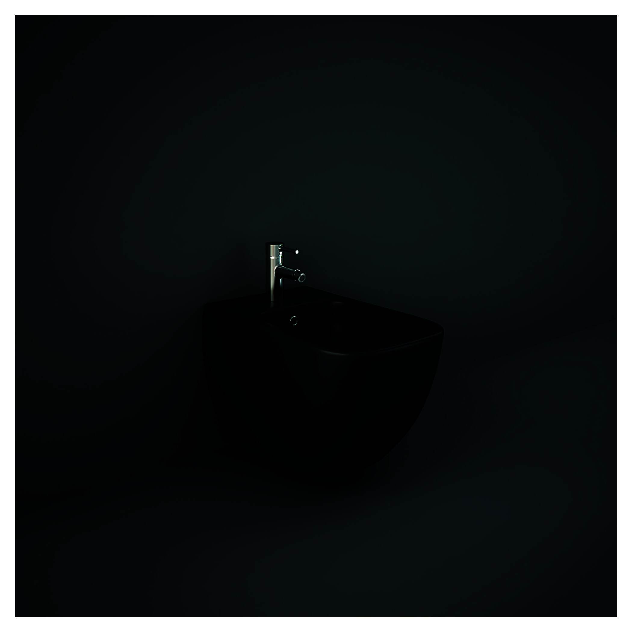 Wall-mounted black bidet with chrome faucet from Bubly Bathrooms, showcasing modern and sleek bathroom fixtures. Ideal for stylish toilet room designs and contemporary bathroom aesthetics.