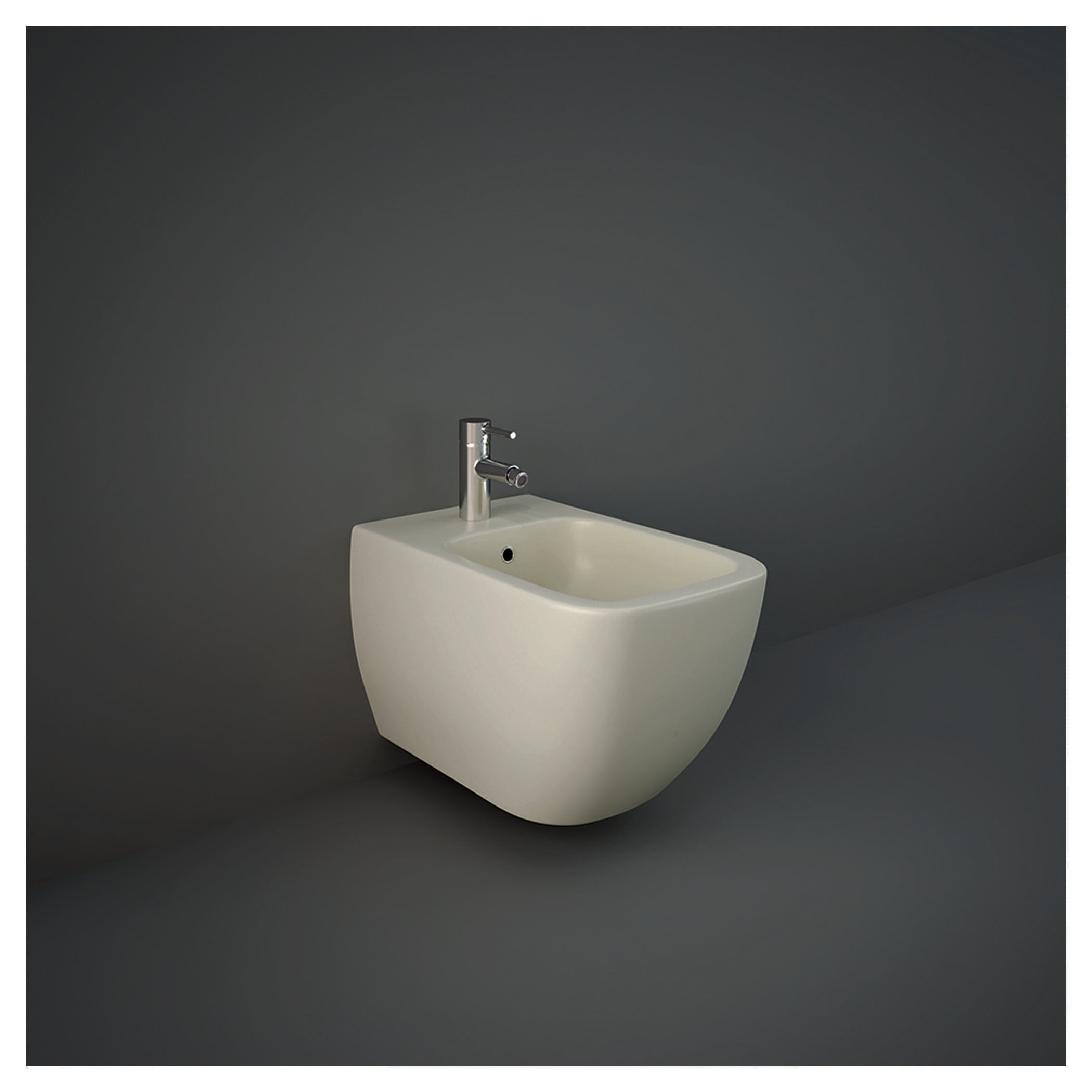 Modern beige bathroom bidet with chrome faucet against dark grey wall, sleek contemporary design, perfect for stylish bathroom interiors.