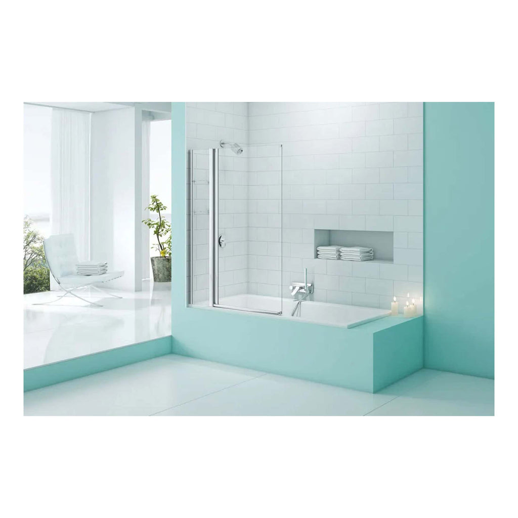 Sleek, modern bathroom with a glass shower enclosure, white tiled walls, and minimalist design, featuring a bathtub, built-in shelf, and tranquil candle lighting for a relaxing bath experience.