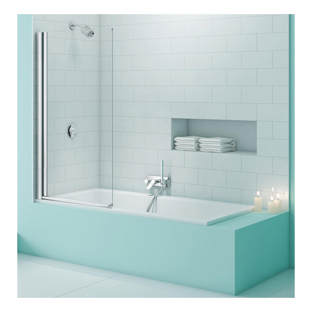 Elegant modern bathtub with a glass shower screen, chrome fixtures, and white tiled wall in a contemporary bathroom design. Perfect for relaxing baths and stylish bathroom upgrades.