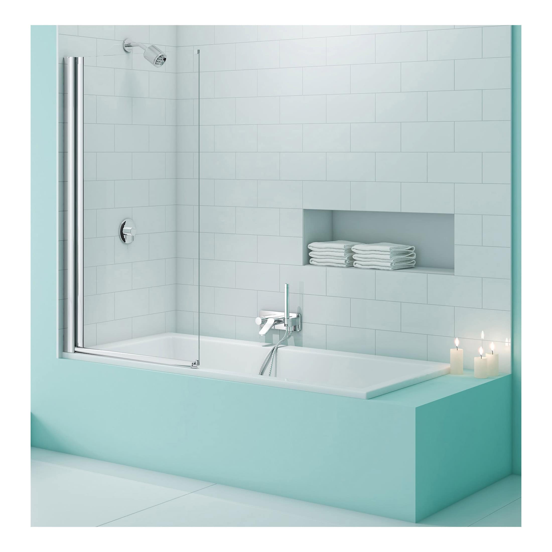 Elegant modern bathtub with a glass shower screen, chrome fixtures, and white tiled wall in a contemporary bathroom design. Perfect for relaxing baths and stylish bathroom upgrades.