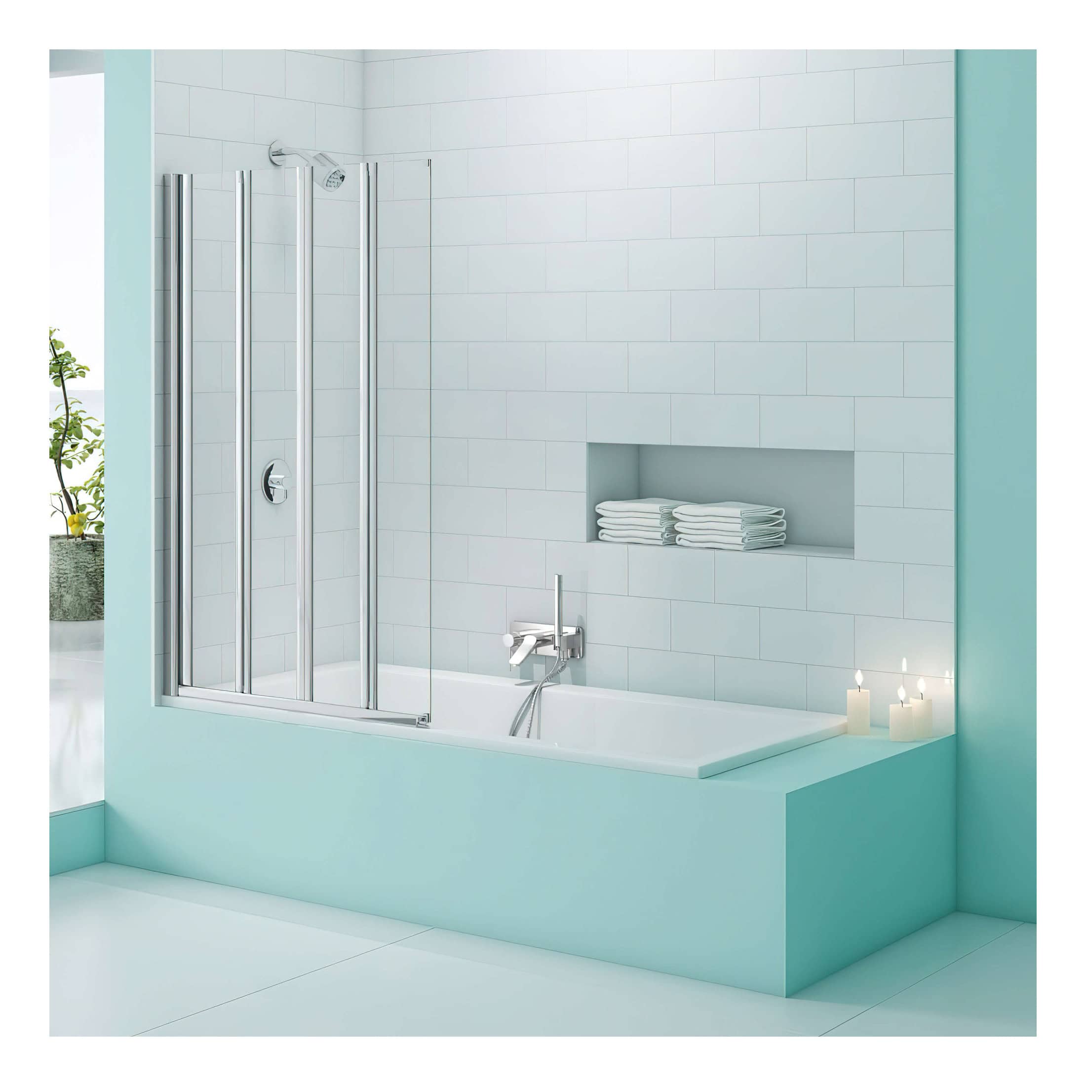 Sleek modern bathtub with glass shower enclosure in a stylish, minimalist bathroom with white tiles and built-in storage niche, creating a clean and relaxing bathroom space.