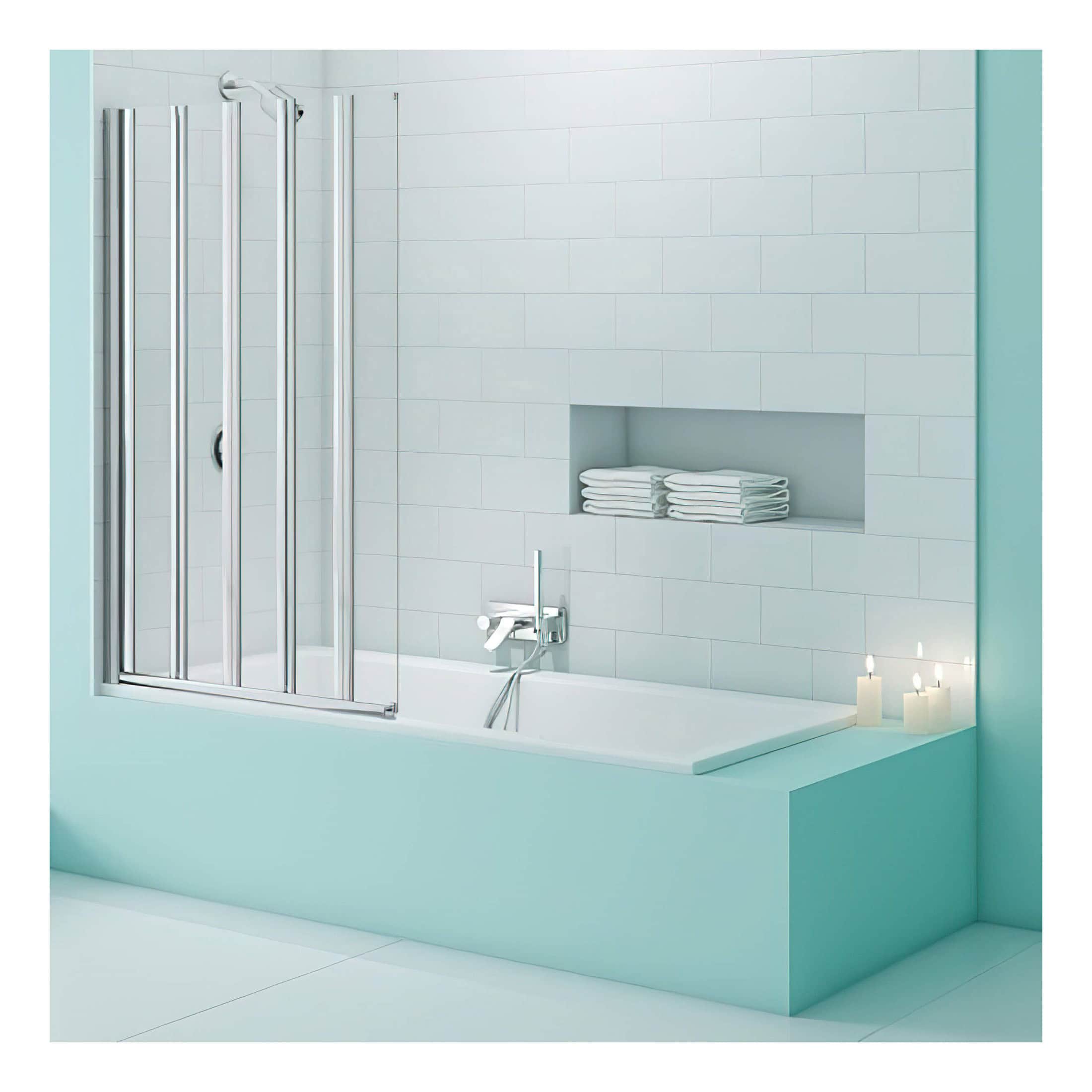 Modern bathtub with glass shower screen and sleek fixtures in a minimalist bathroom setting.