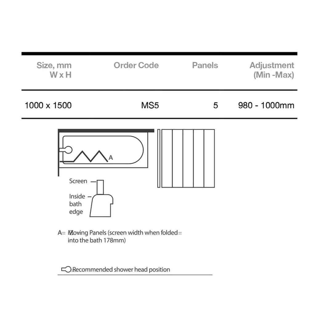 1000 x 1500mm bathroom panel layout with moving panels and shower head position, ideal for modern bathroom renovations. Suitable for customised bath designs with adjustable dimensions.