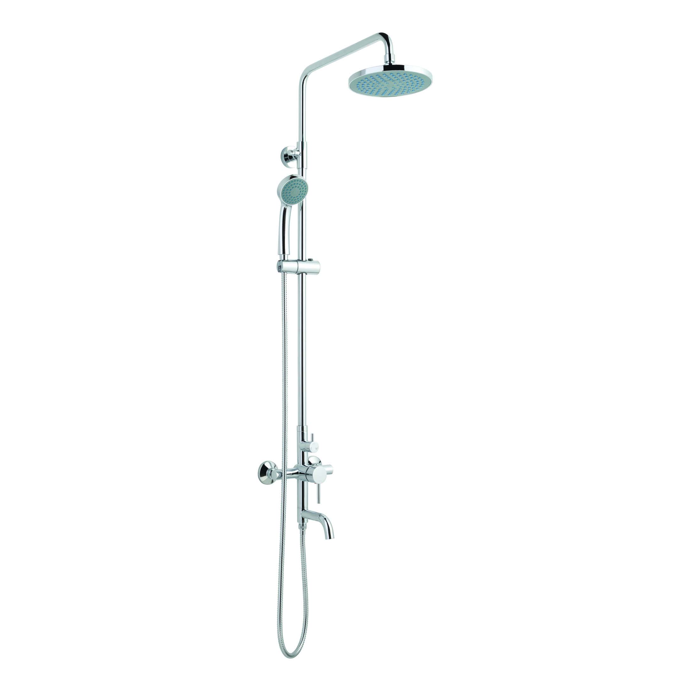 Shower panel with overhead rain shower, hand-held showerhead, and adjustable controls, modern chrome finish, perfect for contemporary bathrooms.