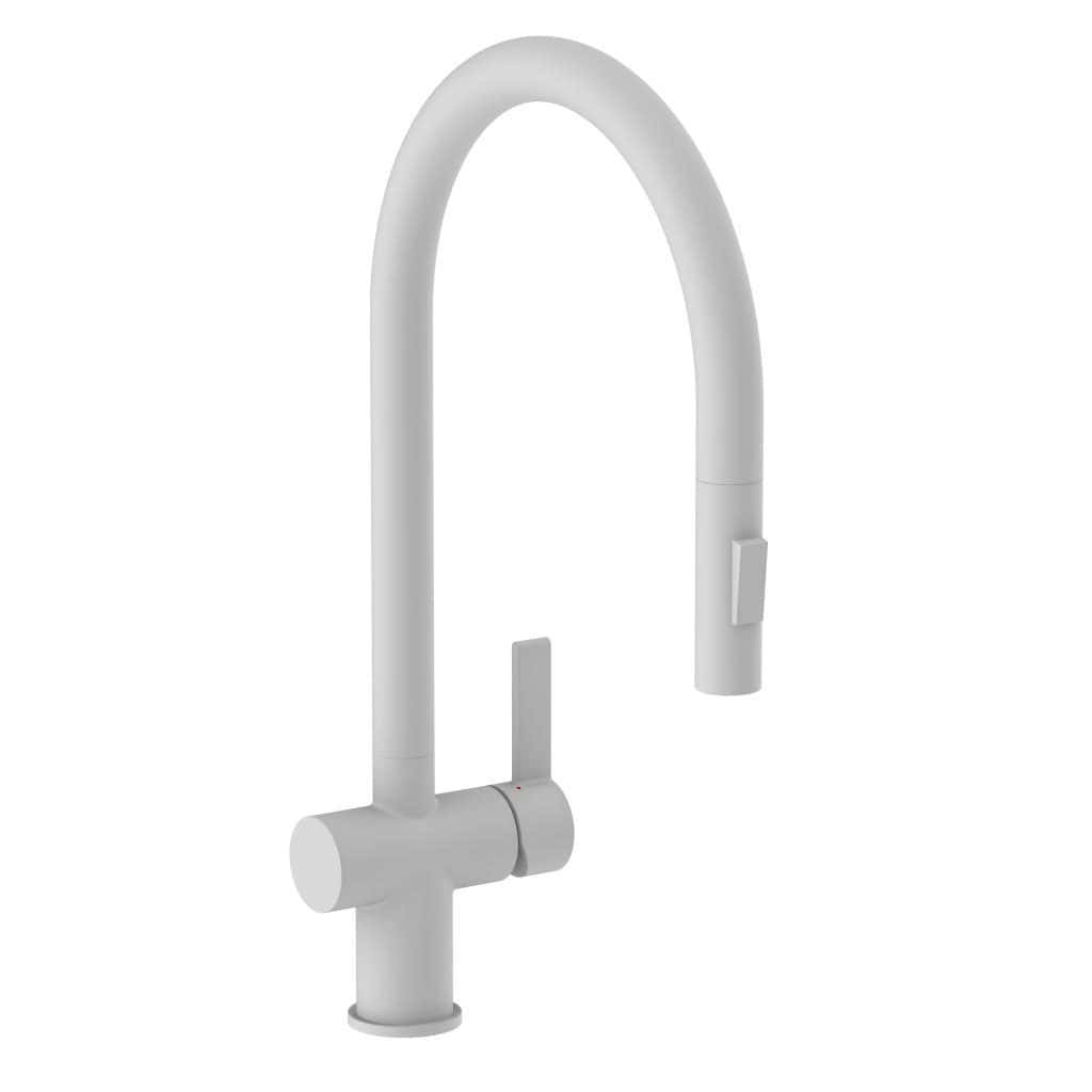 Modern white kitchen faucet with high-arc design, easy-to-use handle, and sleek finish, perfect for contemporary bathroom or kitchen remodels.