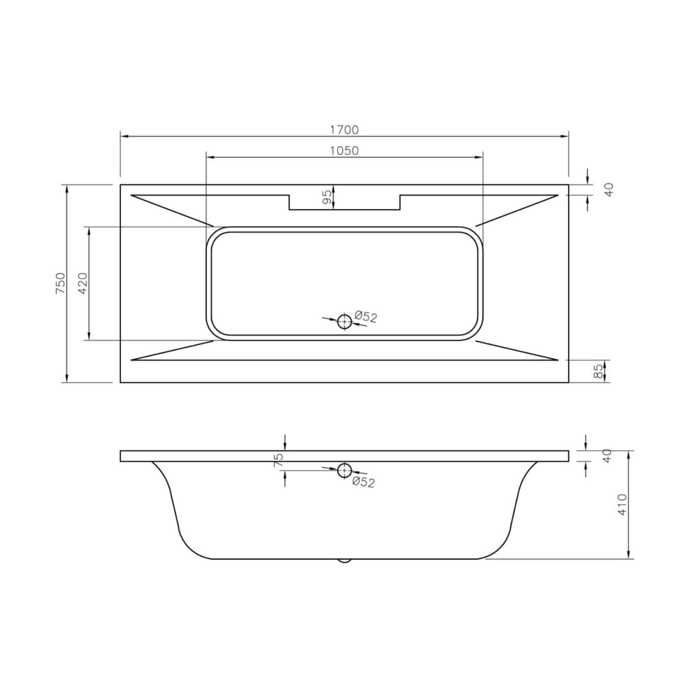 Schematic technical drawing of a bathtub with precise dimensions, including top view and side profile, for bathroom renovation and design purposes.