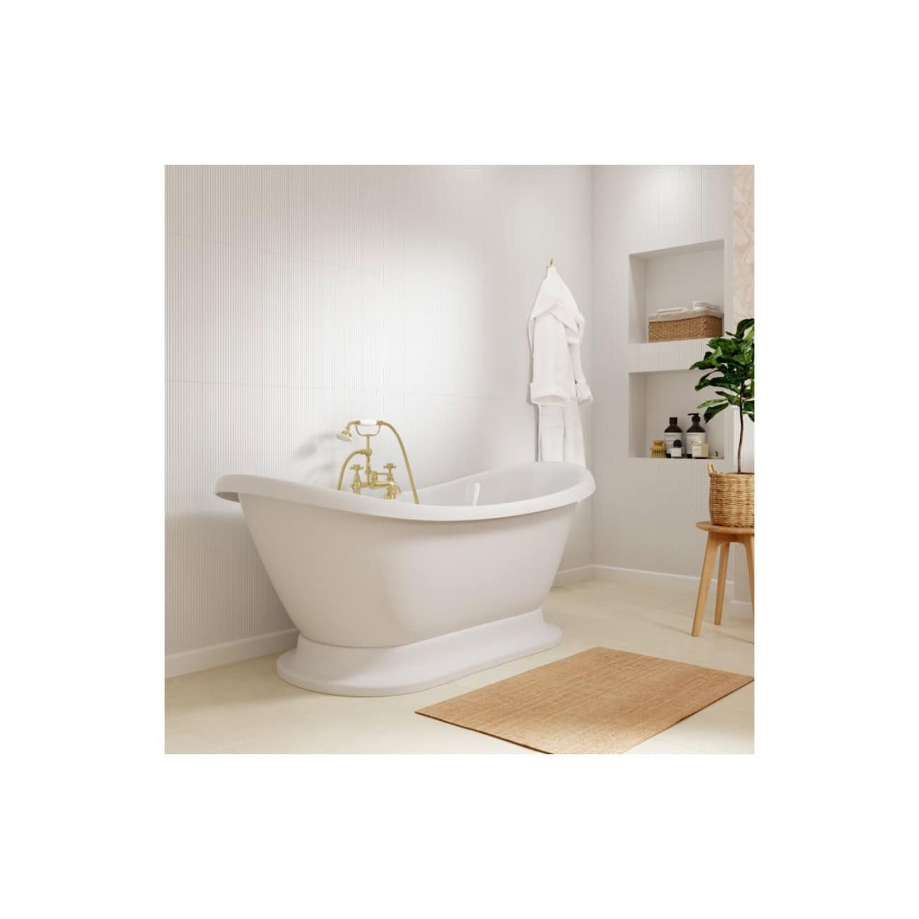 Elegant freestanding white bathtub with vintage gold fixtures in a bright, minimalist bathroom. Natural elements like a woven rug, plant, and wicker stool enhance the serene bathroom design.