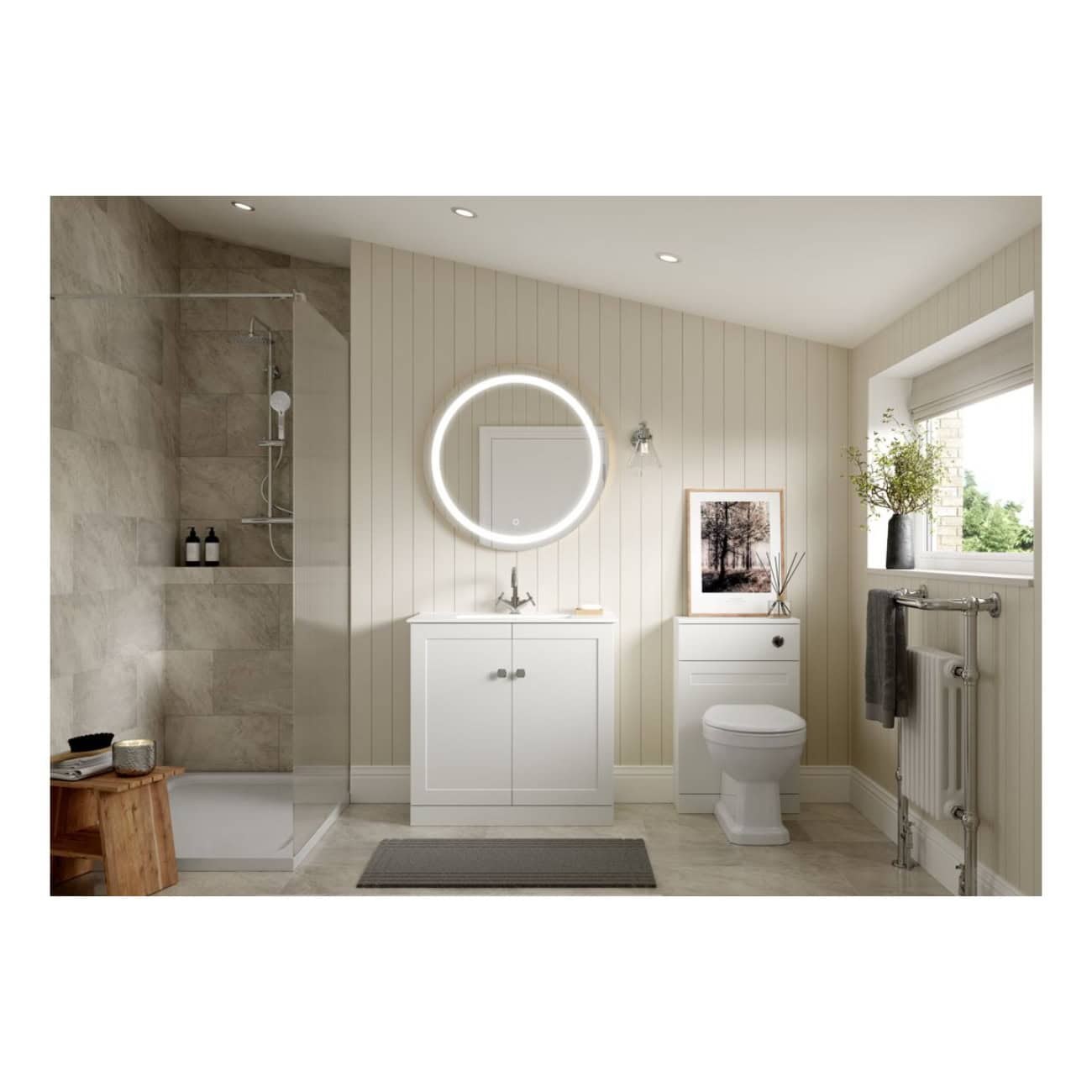 Sleek modern bathroom with shower, white vanity unit, round illuminated mirror, and natural light from window, featuring minimalist design and neutral tones for a relaxing bathroom space.