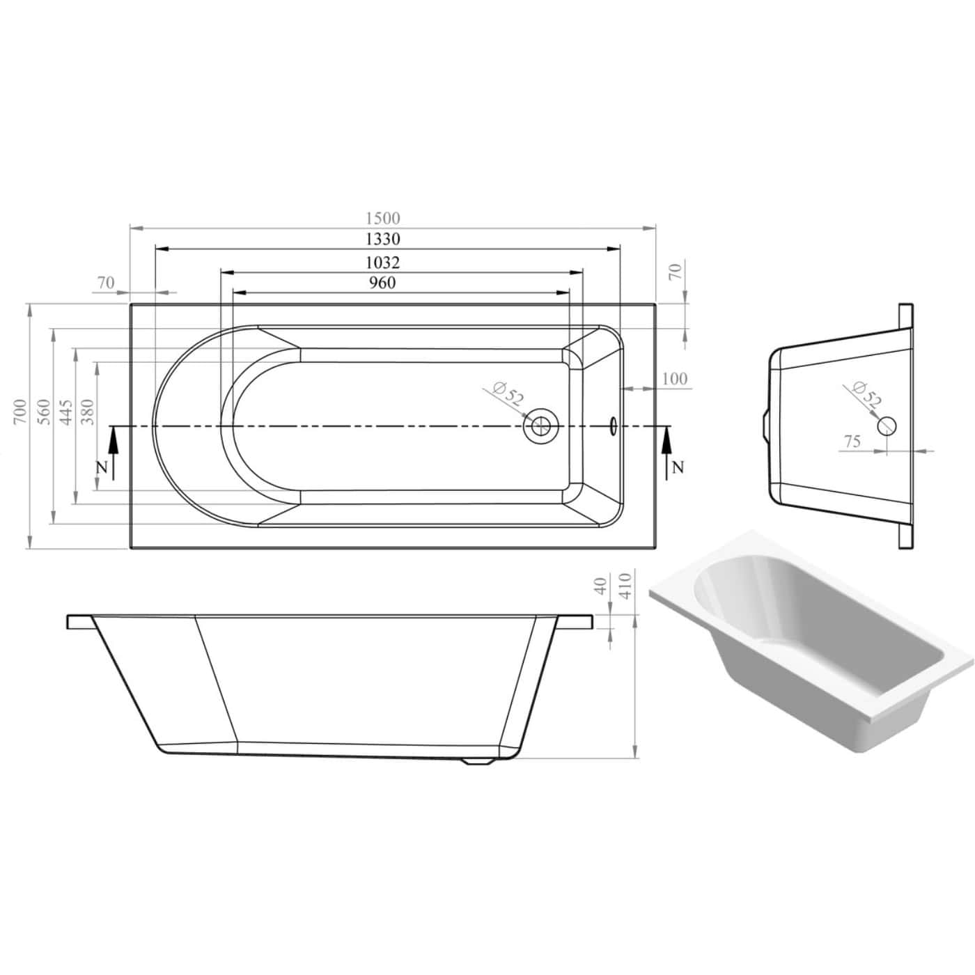 High-quality technical bathroom design drawing featuring precise dimensions and layout details for bathtub installation and planning.