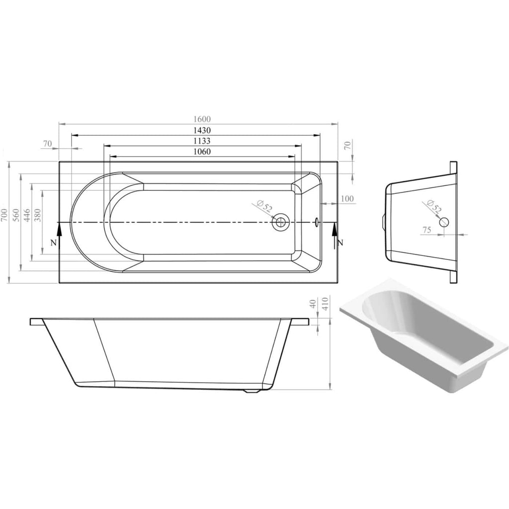 High-quality bathtub technical drawing with detailed measurements for bathroom installation. Essential for bathroom designers and plumbers.