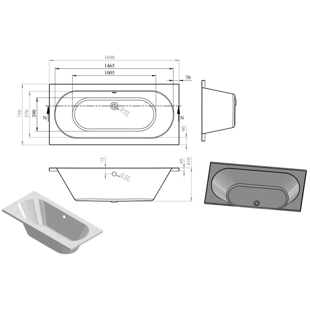 Modern bathtub technical drawing with dimensions and 3D view, ideal for luxurious bathroom renovation projects.