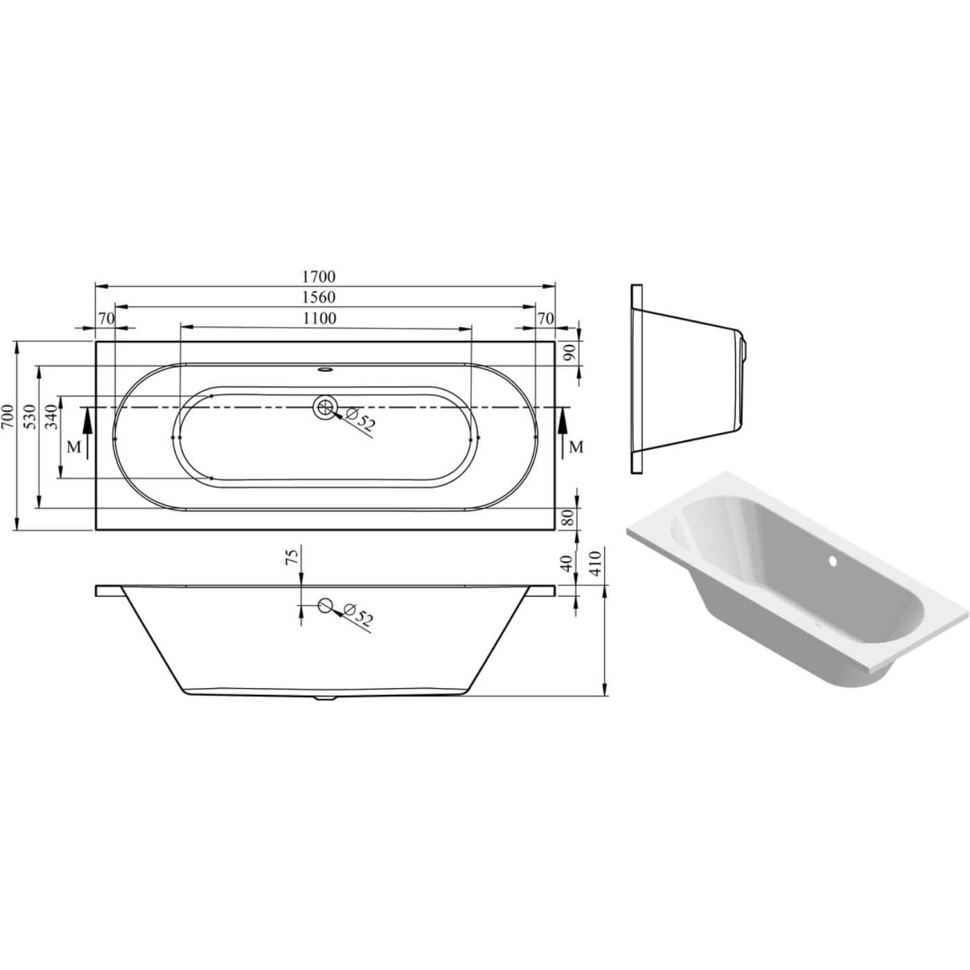 Schematic technical drawing of a modern bathtub with detailed measurements and side view. The design includes precise dimensions for installation and plumbing connections in contemporary bathroom setups.