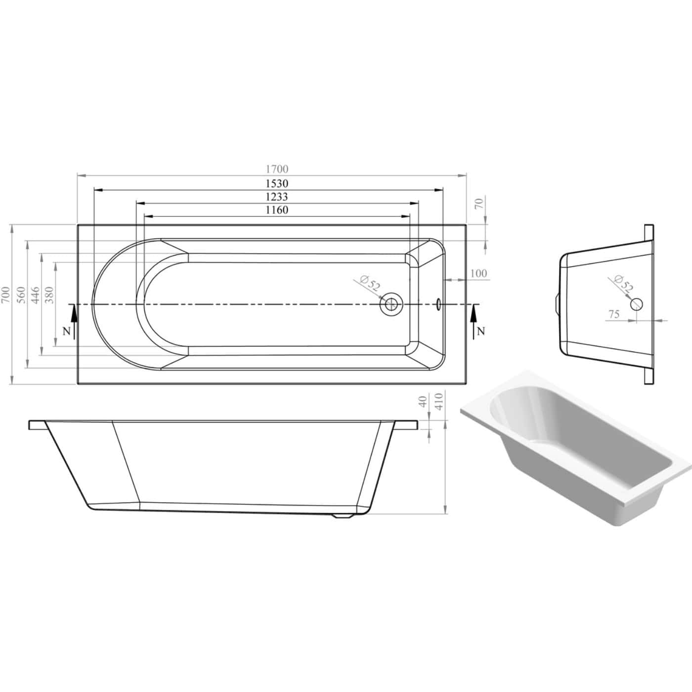 High-quality technical bathroom drawing with detailed measurements, ideal for bathroom renovation projects, showcasing elegant bathtub design, installation dimensions, and plumbing details for Bubly Bathrooms.