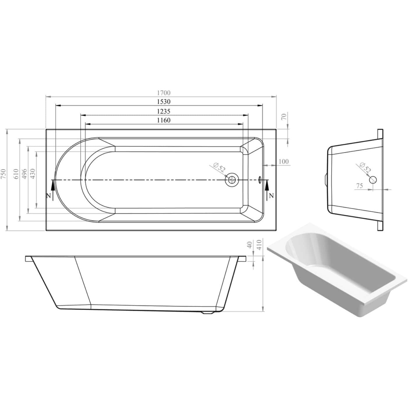 High-quality detailed technical drawing of a modern bathtubs with measurements and specifications for bathroom renovation.