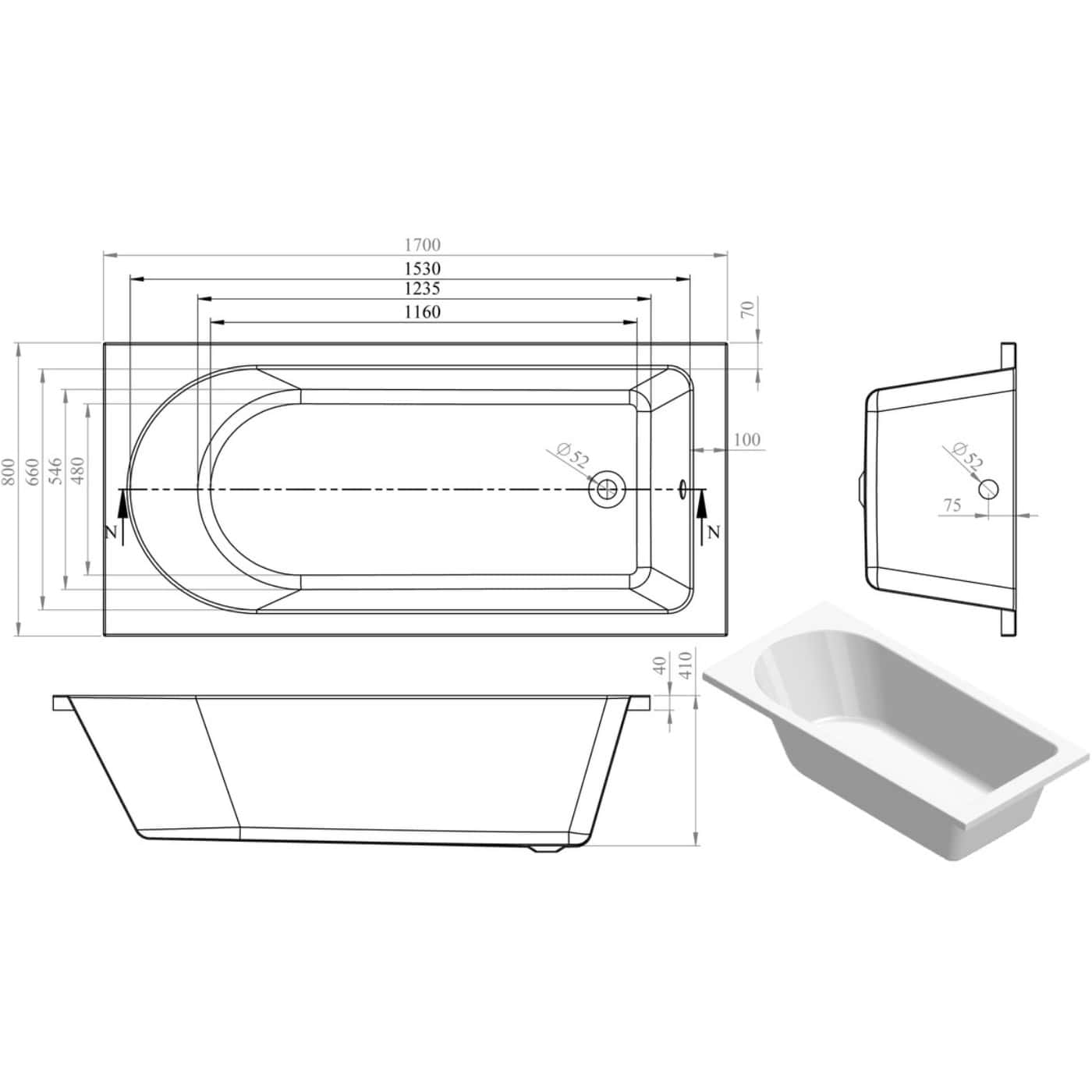 High-quality architectural technical drawing of a modern bathtub with detailed dimensions, ideal for bathroom design and renovation projects.