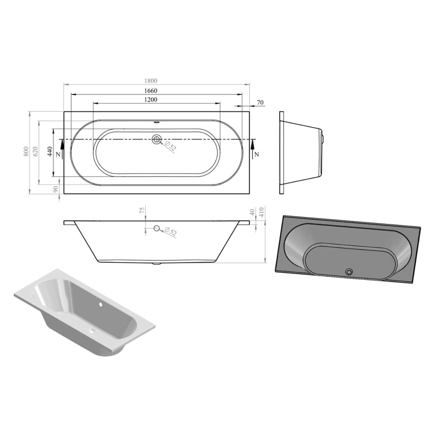 Modern white bathtub with detailed technical drawings and measurements, ideal for contemporary bathroom designs and renovations. Perfect for architects and homeowners planning new bathroom layouts.