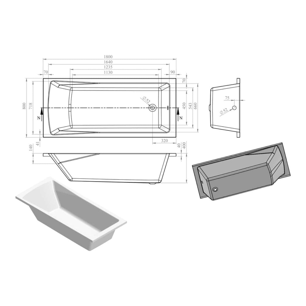 High-quality technical drawing of a modern rectangular bathtub with detailed dimensions and design specifications for bathroom renovation projects.