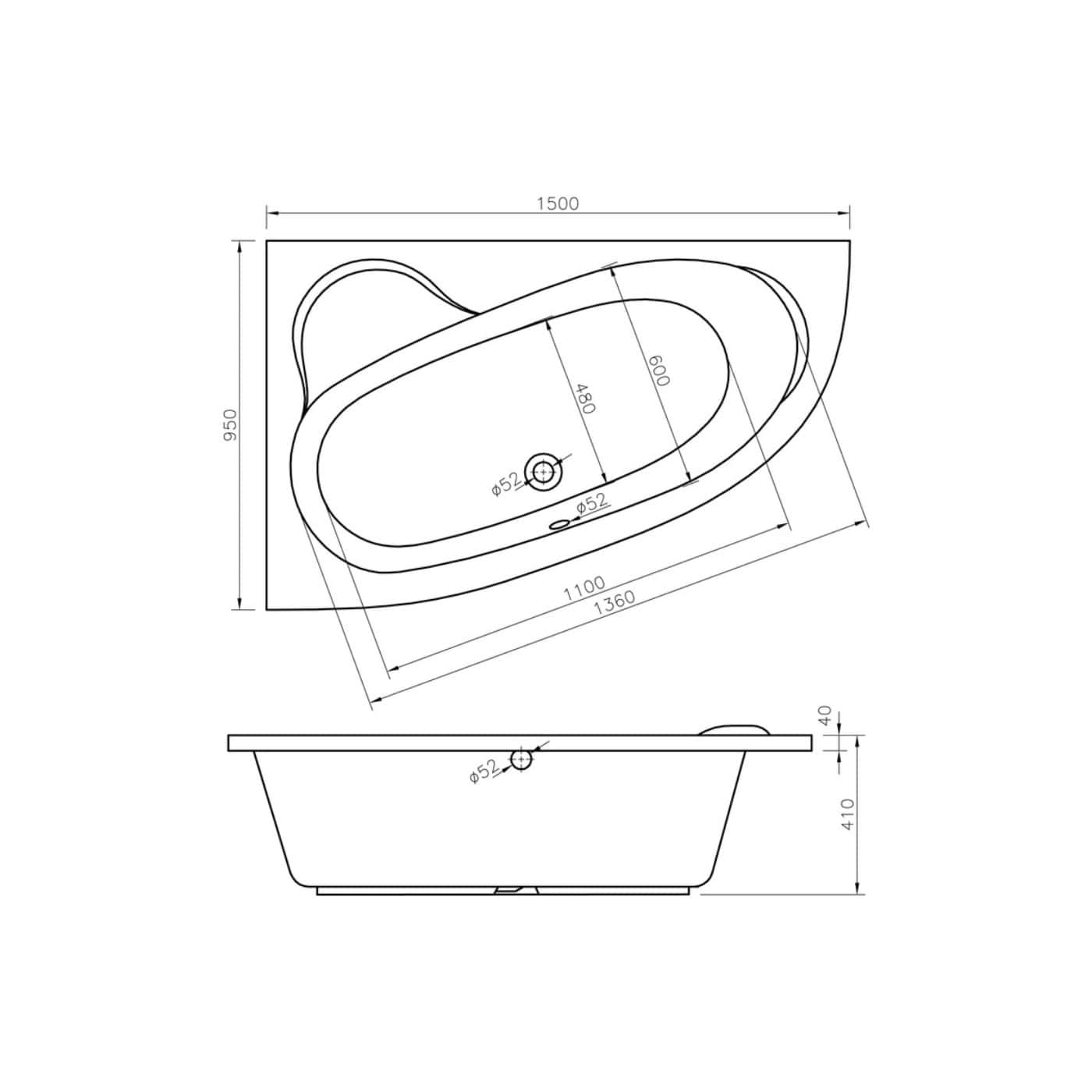 Elegant oval bathtub technical drawing with precise measurements, ideal for luxury bathroom designs and renovation projects from Bubly Bathrooms.