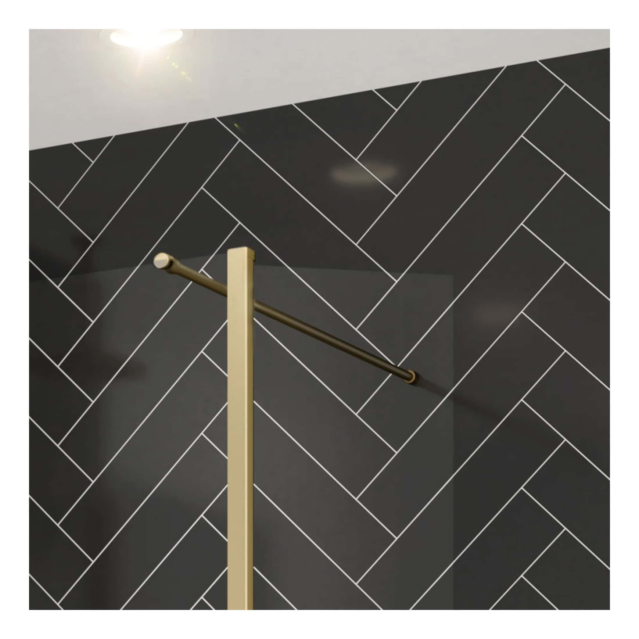 Contemporary walk-in shower with a sleek, gold-toned rail and dark herringbone wall tiles, ideal for modern bathroom designs and enhancing shower stability and aesthetic appeal.