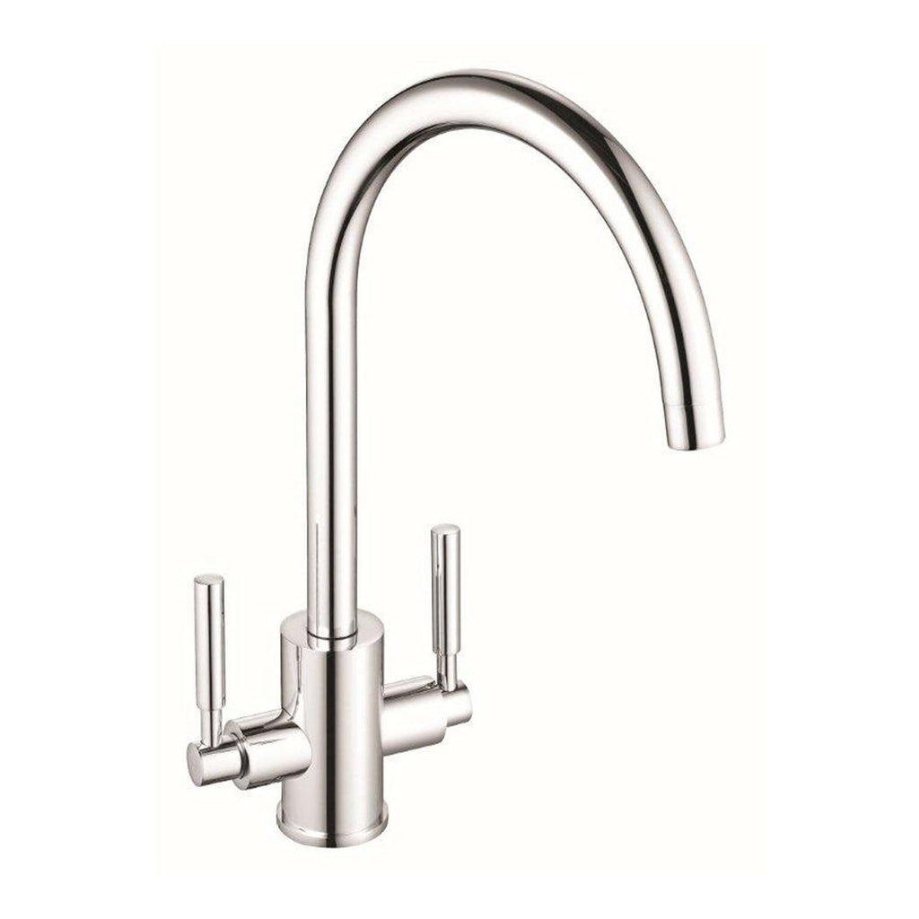 Sleek stainless steel kitchen tap with modern design, high spout and dual handles for easy temperature control, ideal for contemporary bathroom or kitchen remodels.
