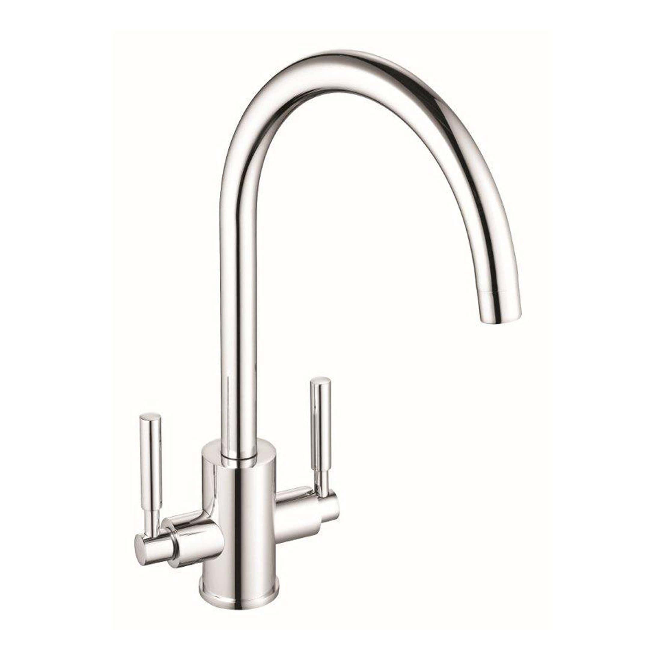 Sleek stainless steel kitchen tap with modern design, high spout and dual handles for easy temperature control, ideal for contemporary bathroom or kitchen remodels.