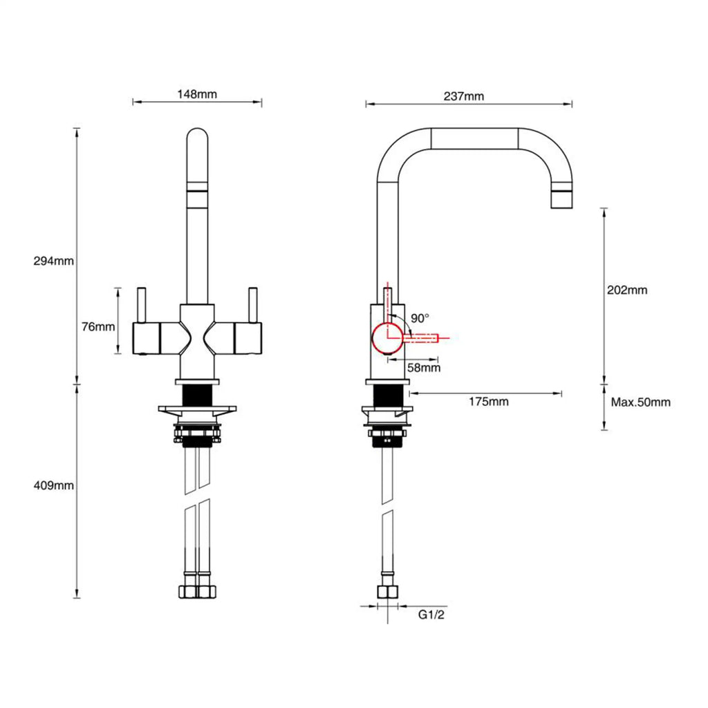 Sleek modern kitchen sink faucet with high arc spout, featuring detailed technical drawing with measurements for custom bathroom and kitchen installation.