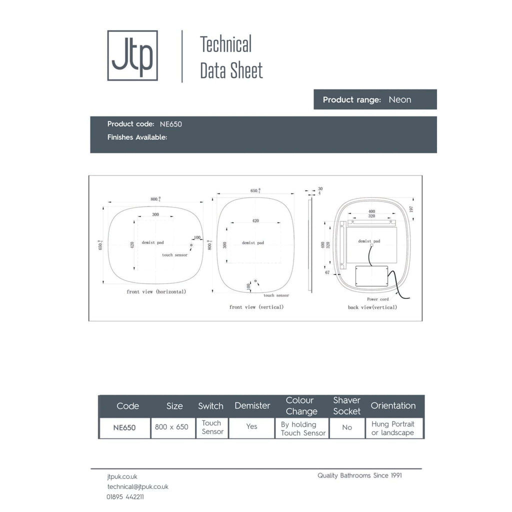 NE650 Neon bathroom sensor data sheet, technical drawing, and specifications for modern bathroom installations.