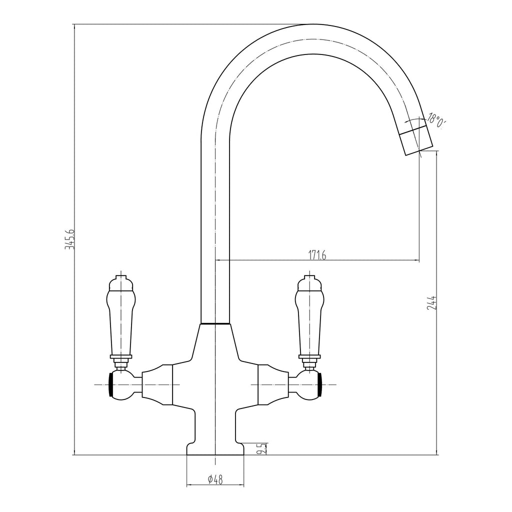Scudo Harrogate Kitchen Tap - technical drawing with dimensions