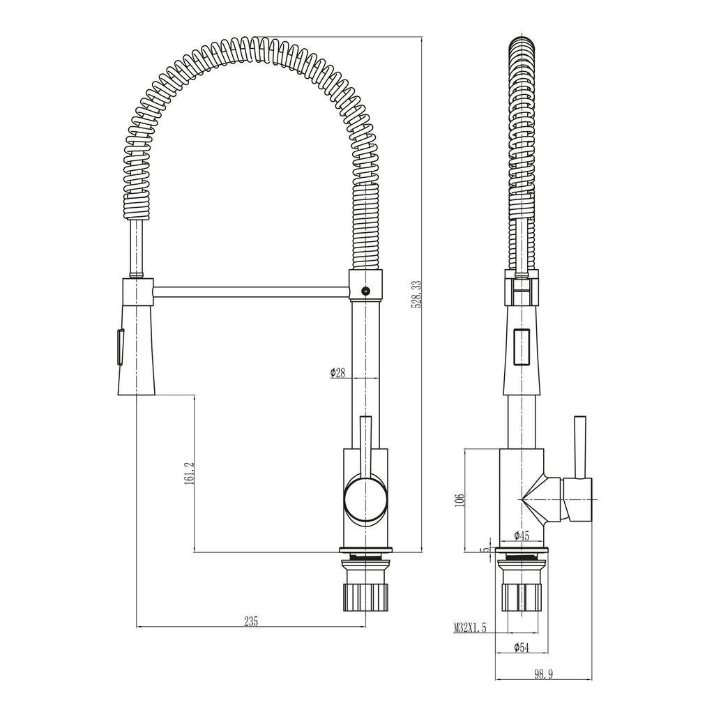 Scudo Tirare Kitchen Tap - technical drawing with dimensions