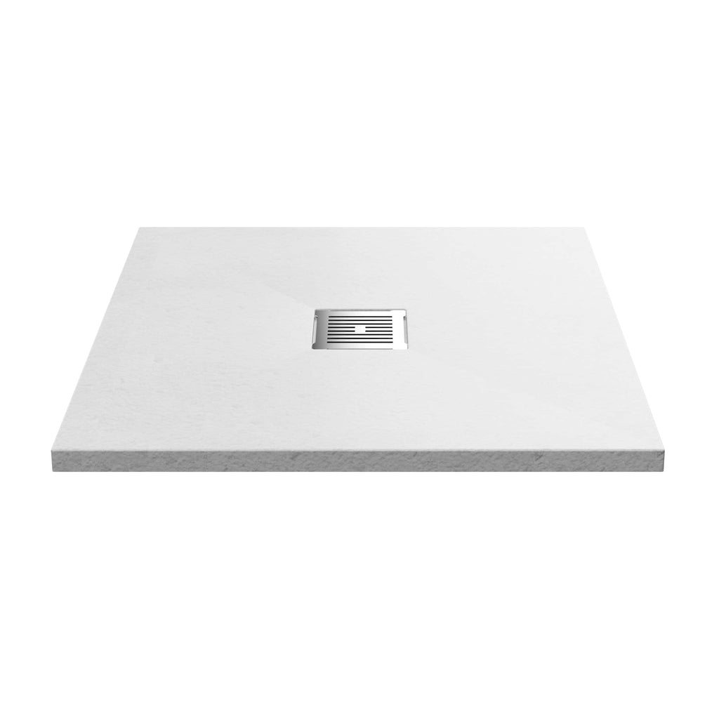 Sleek white bathroom shower tray with central stainless steel drain for modern bathroom solutions.