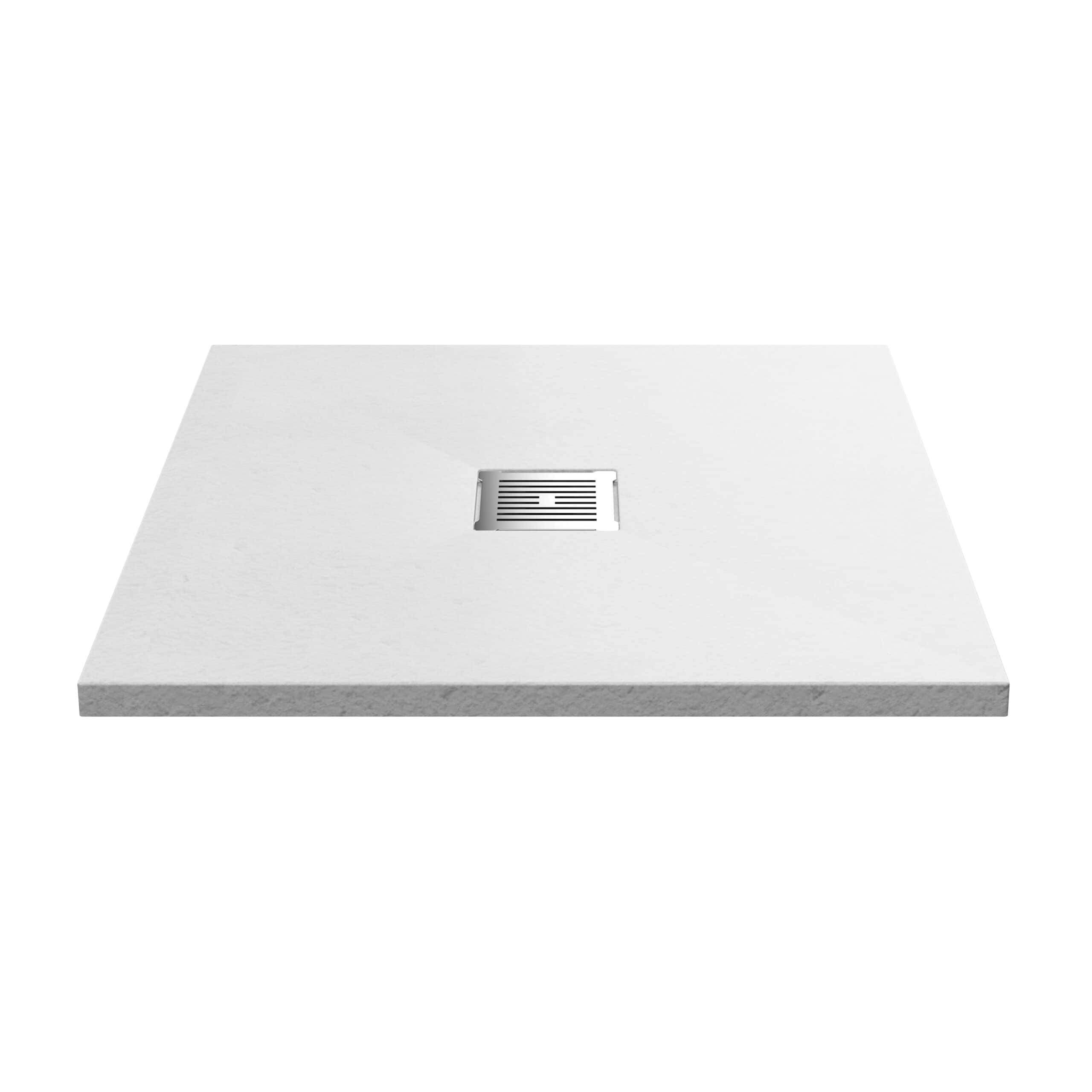 Sleek white bathroom shower tray with central stainless steel drain for modern bathroom solutions.