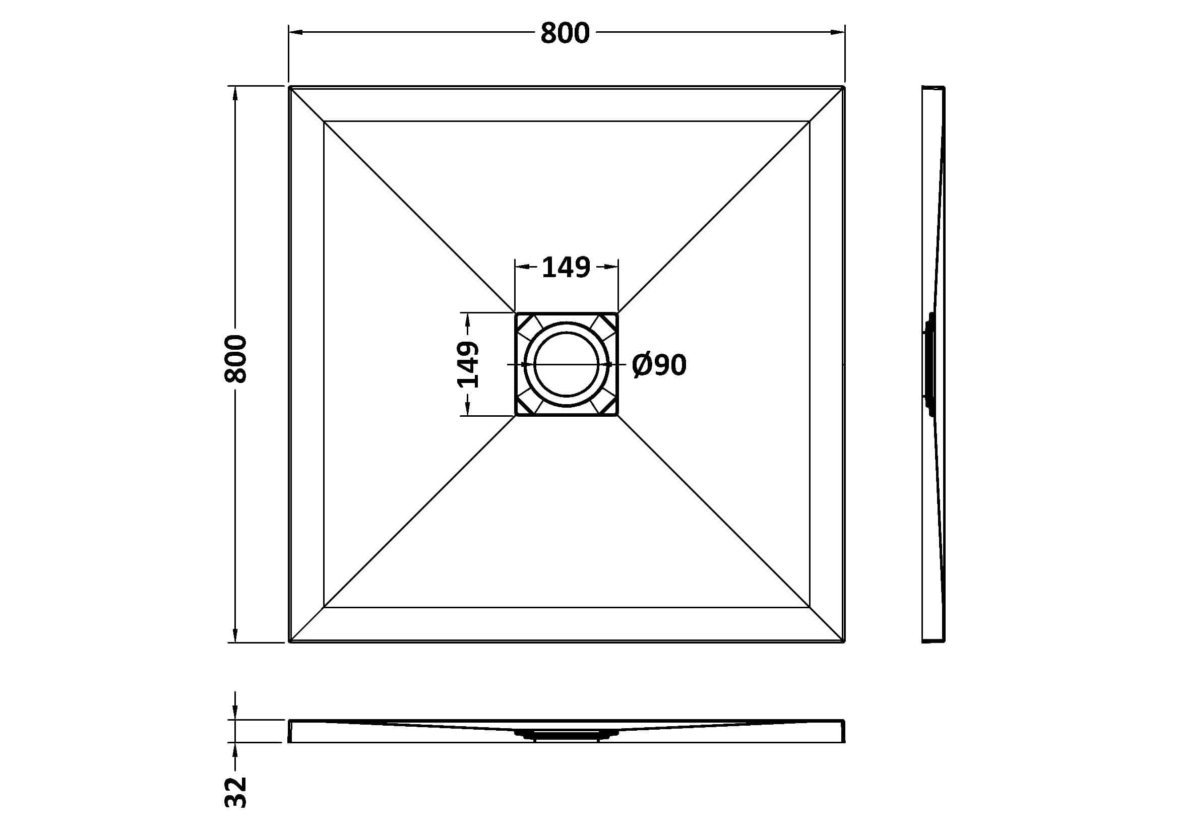High-resolution technical bathroom shower drain diagram with precise measurements, ideal for bathroom renovation and waterproofing projects.