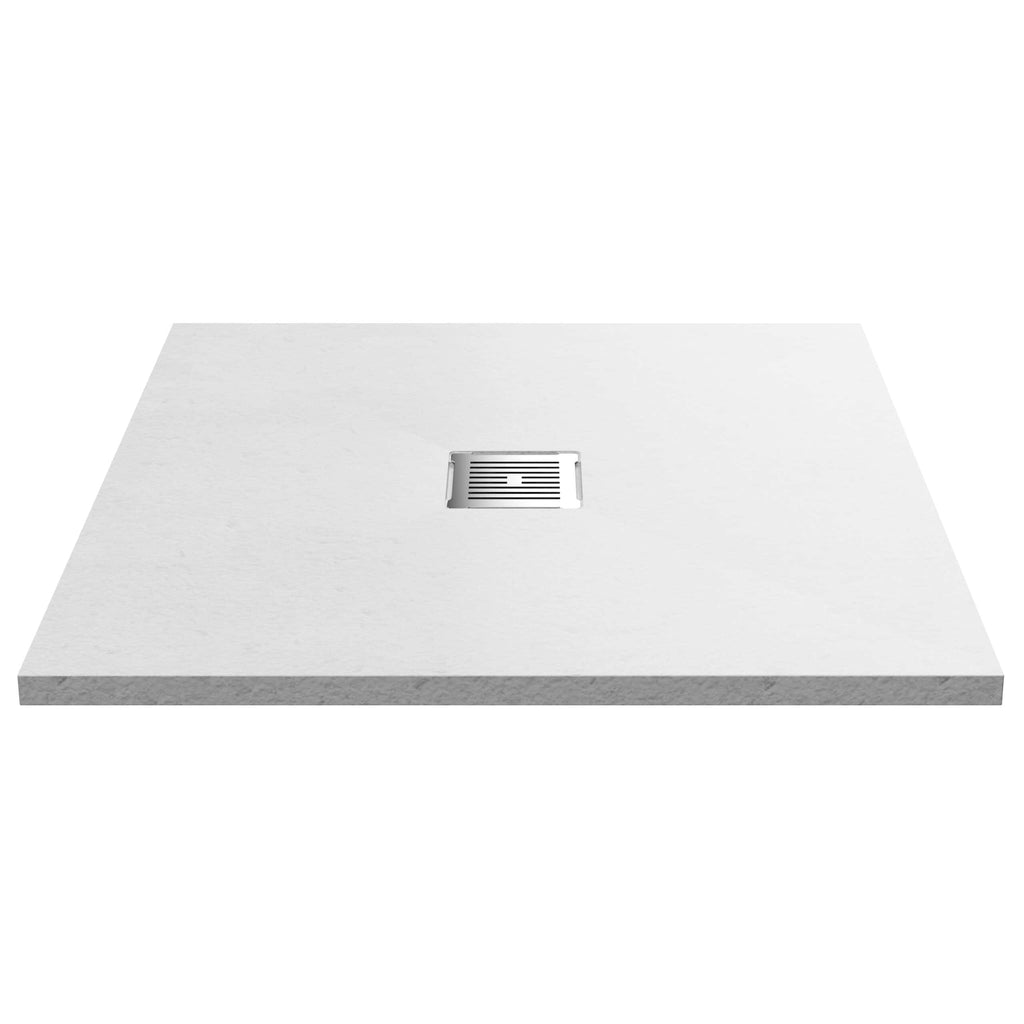 Extra large white shower tray with central drain, made of durable stone resin for modern bathrooms. Perfect for a minimalist shower enclosure with sleek, easy-to-clean design.
