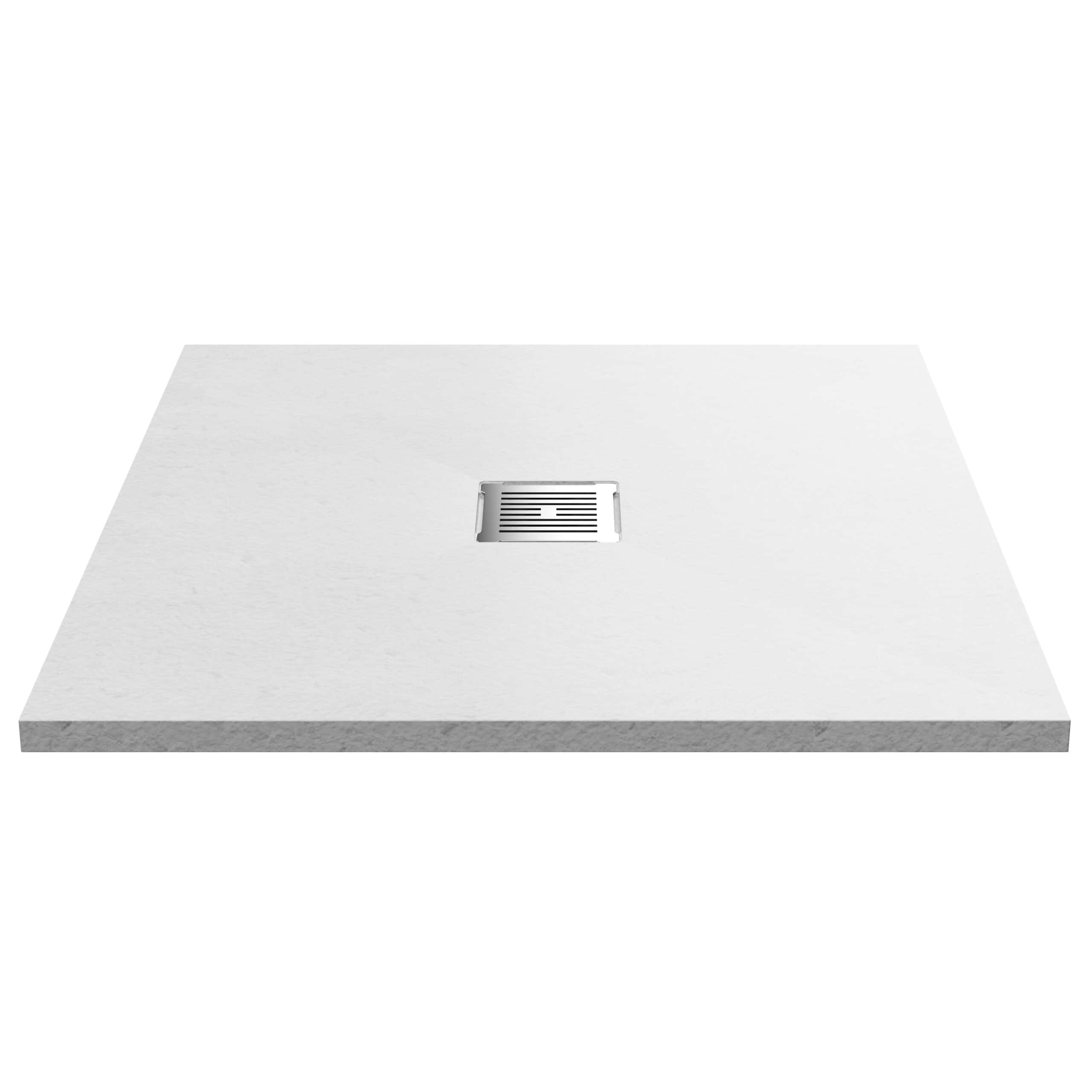 Extra large white shower tray with central drain, made of durable stone resin for modern bathrooms. Perfect for a minimalist shower enclosure with sleek, easy-to-clean design.