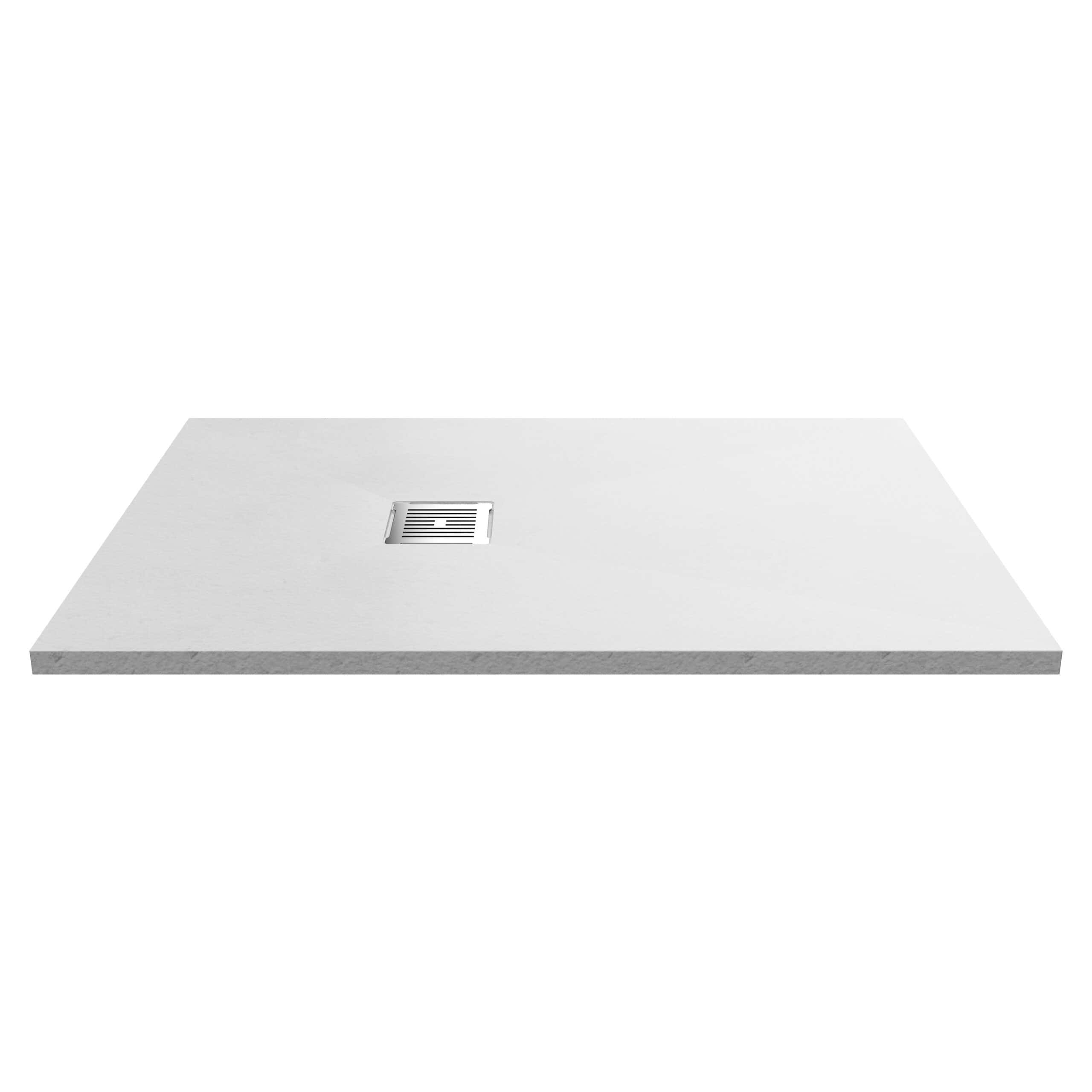 Modern white rectangular walk-in shower base with an inset drain, perfect for contemporary bathroom renovations and luxury wet rooms. Crafted from durable, high-quality materials for a sleek finish.